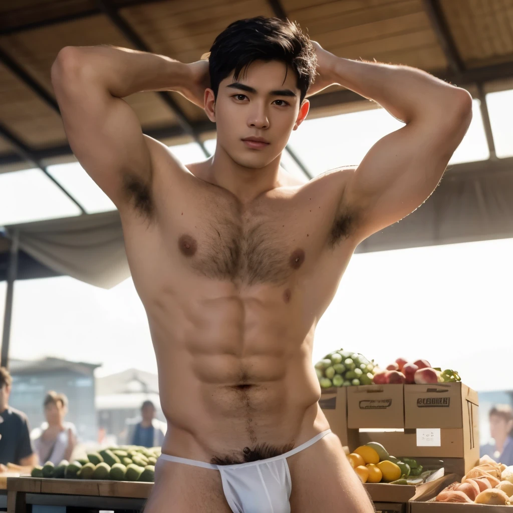 Fruit display In the background, market, market display In the background, vegetable display In the background, very hairy armpits, hairy pubic, hairy crotch, hairy body, In the charming picture there is a handsome Chinese s old boy with his big bulge, muscular body, background in the sky has big bold sun, His charm radiated as he proudly showed off his sweaty very hairy armpits in a full standing pose.. He wore a white sexy thong, that highlighted his figure, He stood in the middle of the crowded traditional market environment., Bathed in the golden light of a beautiful day. With unparalleled attention to detail., This photorealistic portrait combines the style of National Geographic., Capture every detail of his textured skin in 8k resolution. Leica digital SLR camera. His features were clearly visible., From the deep-set eyes to the chiselled jawline., Make this image a true masterpiece..Lift. (8K UHD、RAW Photography、Photorealistic Portrait Leica Digital SLR、Lifelike images), big bulge in his very thin thong