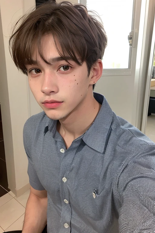 ((mejor calidad)), ((obra maestra)), (detallado), 17 year old man, brown hair, camisa naranja, pocas pecas, ojos azules, tez clara, cabello ondulado, cabello un poco largo, ropa negra, corte de cabello pixie, arete en la oreja izquierda