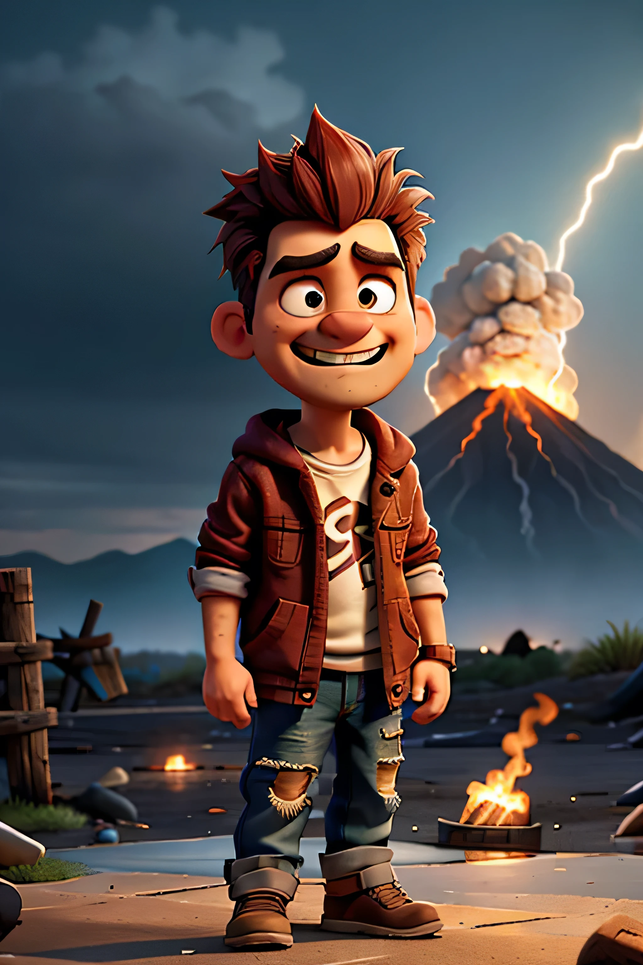 A mean man with sloppy hair, wearing tattered clothes, holding a skull in his hand, background is dark storm clouds, erupting volcano, rain, mood is gloomy, desperate, confining, depressing, night time light, character design.