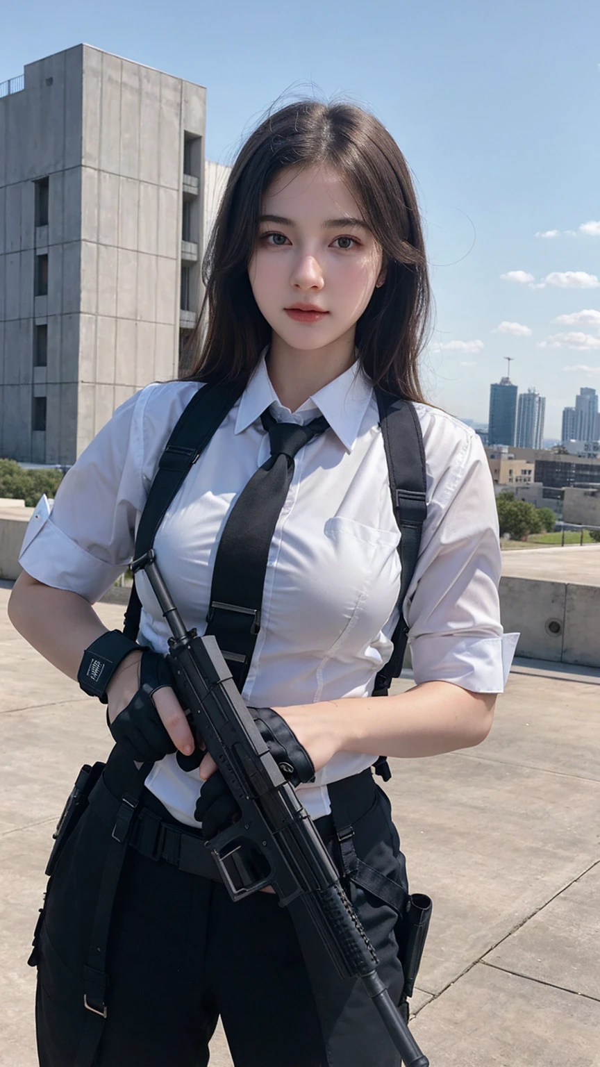 ((best quality)), photorealistic, photorealism, Photorealistic, high resolution, 1girl aiming with an assault rifle, Beautiful, Baby Face, 20 Years Old, White Skin, pale skin, Large Breasts, huge breast, Combat pose, looking at the camera, (Detailed face), short hair, sexy body, (wearing business suit, shirt, formal suit, tactical vests, military harness, black gloves), revealed thigh, Gun, Fingers are occluded, concrete building background,