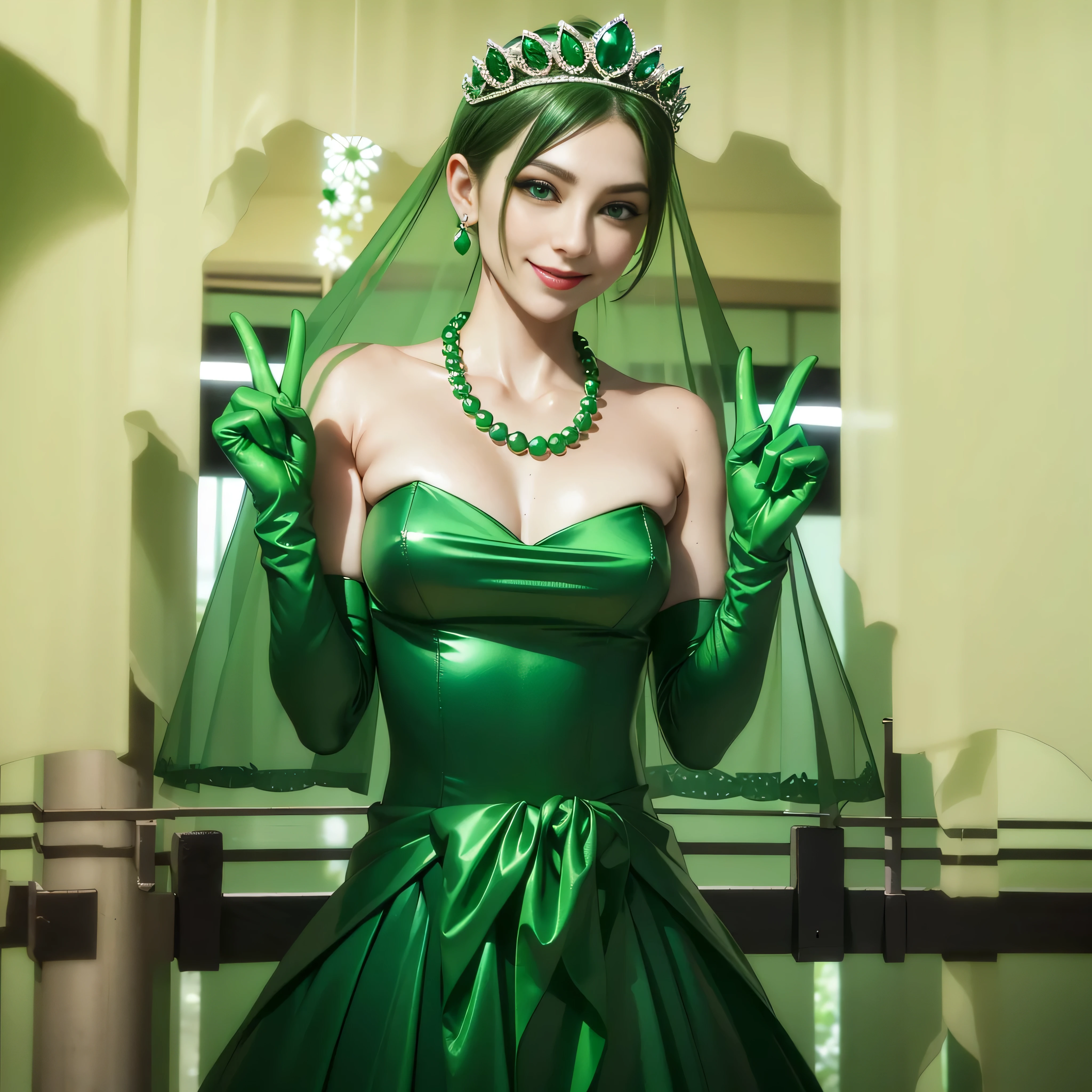 Emerald tiara, Green Pearl Necklace, Boyish very short green hair, lipstick, Smiling Japanese woman, Very short hair, Big and beautiful, Green Eyes, Long green satin gloves, Green Eyes, V sign, Emerald Earrings, Green veil, peace sign, 30-year-old female, Bride in her 30s
