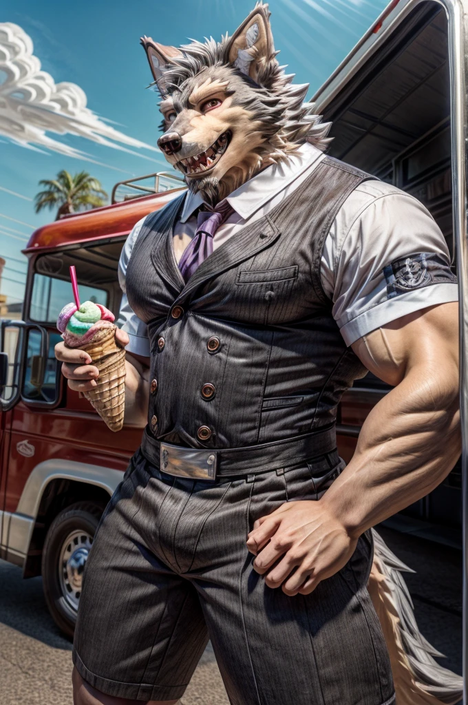 Robust guy, wolf head, ice cream man outfit, gray hair, red eyes, wolf ears sharp teeth, robust body, pose elegance ice cream truck background backdrop, angle Knee to head