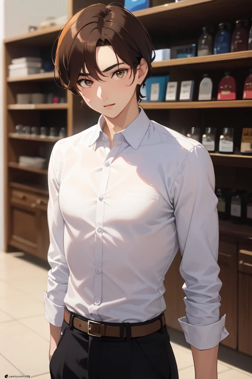 ((mejor calidad)), ((obra maestra)), (detallado), 17 year old man, brown hair, camisa naranja, pocas pecas, ojos azules, tez clara, cabello ondulado, cabello un poco largo, ropa negra, corte de cabello pixie, arete en la oreja izquierda
