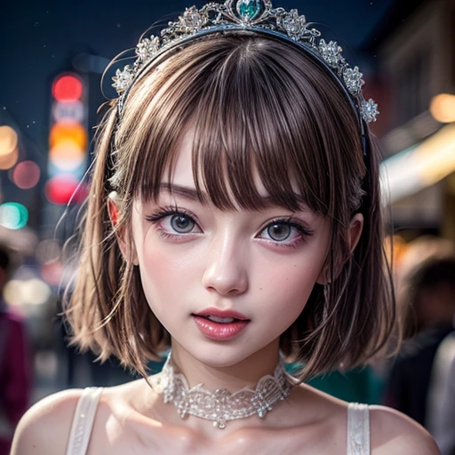 masterpiece of professional Analog photo, realistic and photorealistic with touch of rawness, (a close-up portrait of a tiny princess wearing white thongs on a city street), Dusk Sky with afterglow, intricate lighting effects with light particles, (many colorful lights dazzling bokeh), Traffic lights, crowd of tiny girls enjoying summer festival, { Childish | Gigantic Cleavage }, (((NOGIZAKA))) Extremely Detailed very KAWAII face variation, perfect anatomy, captivating gaze, elaborate detailed Eyes with (sparkling highlights:1.2), long eyelashes、Glossy RED Lips with beautiful details, Coquettish tongue, Rosy cheeks . (Dynamic joyful expressions), { pleasure in agony | Ecstasy | :D | screaming | Perplexed }, Mystic sight . hair and eye color is same color, { Red leather high collar | Red ribbon }, from diagonally angle. short bob, Tiny princess tiara .