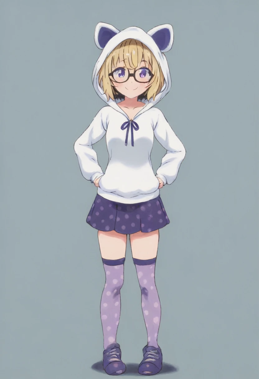 1 girl, solo, Ito, hood with animal ears, hood up, white hoodie, blonde hair, glasses, multicolored hair, blue polka dot panties, purple eyes, short hair, purple skirt, ribbon thighhighs, sneakers, small breasts, shy, by gamer chair, dark gamer room, smiling, standing, hands on hips, full body view,
