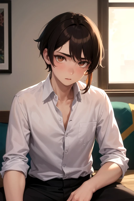 ((mejor calidad)), ((obra maestra)), (detallado), 17 year old man, brown hair, camisa naranja, pocas pecas, ojos azules, tez clara, cabello ondulado, cabello un poco largo, ropa negra, corte de cabello pixie, arete en la oreja izquierda