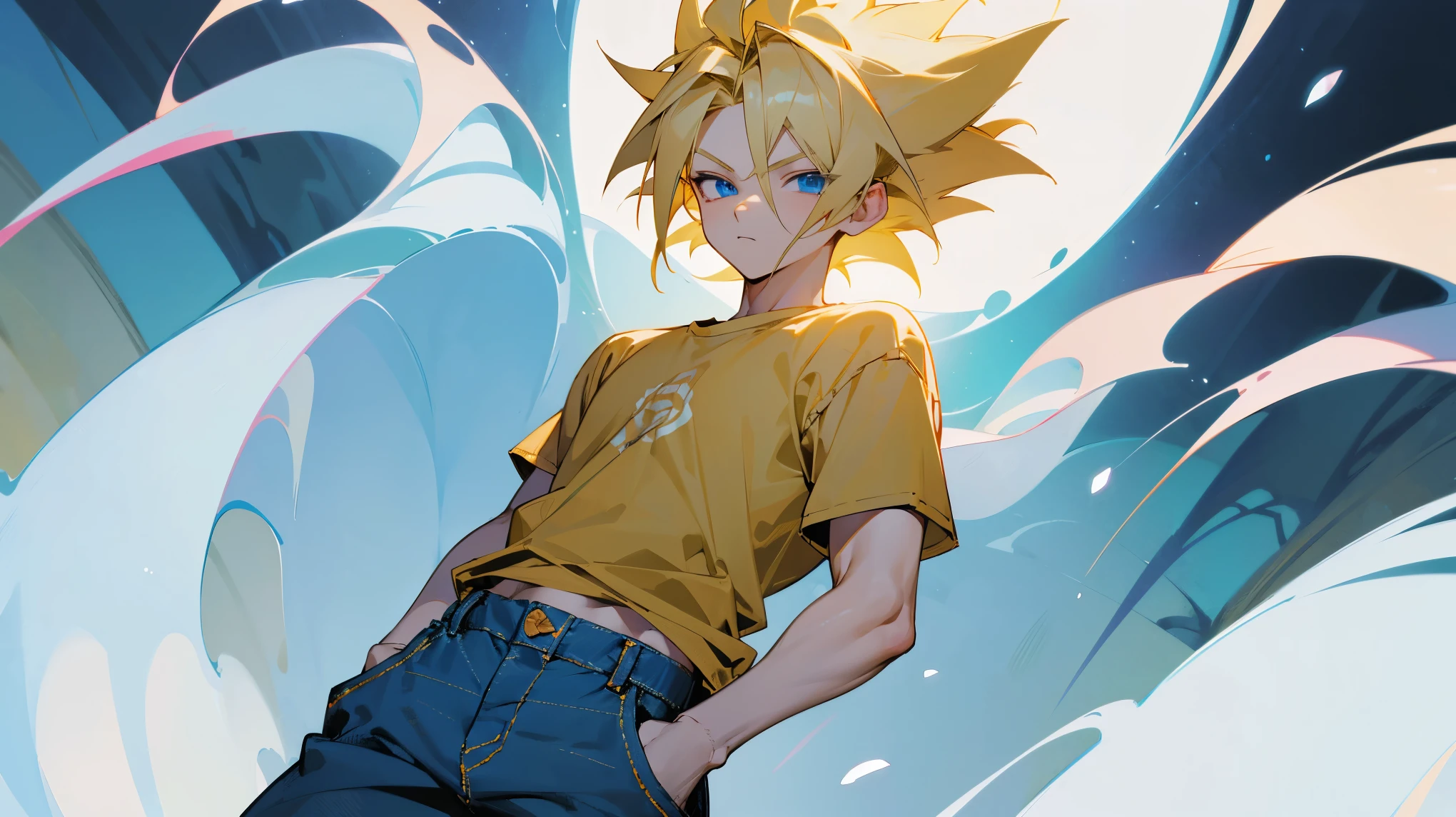 1male,lean build, Baggy Jeans, Loose T-Shirt, Forest, Super Saiyan Hair, Blonde Hair, Blue Eyes, Flowing Aura, Short Hair, Detailed Face, arms in pockets, young male