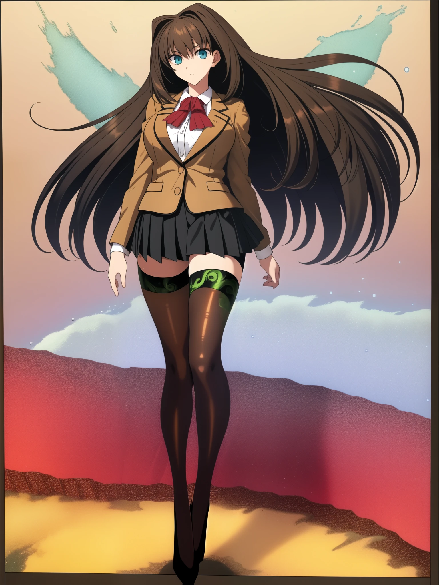 BREAK, blank background, white background, (EMPTY BACKGROUND), BREAK (masterpiece:1.2), best quality, high resolution, 8k, illustration, (beautiful detailed eyes:1.6), extremely detailed face, extremely detailed, CG, perfect hands, perfect anatomy, (((1girl))), (((solo))), (((bbaoko))), (((2 legs max:1.7))), (((2 feet max:1.6))), ((swirling vortex shaped longest brown hair:1.5)), (brown longest hair with slightly reddish undertone:1.6), (lush luscious longest brown hair:1.6), (very long voluminous longest brown hair:1.5), serious, blue eyes, red bowtie, (Form-fitting beige blazer:1.5), brown jacket, (highly detailed beautiful face:1.2), (white shirt:1), (well shaped large breasts:1.6), (nice hips:1), (((Umber pleated thigh-high skirt:1.6))), (((black bike shorts:1.4))), (2 nice visible thighs:1.6), (symmetrical thigh-high black colored stockings:1.6), (strap shoes brown color), (facing front:1.5), ((standing straight:1.5)), ((Fullbody in frame:1.6)), ((Full body:1.5))