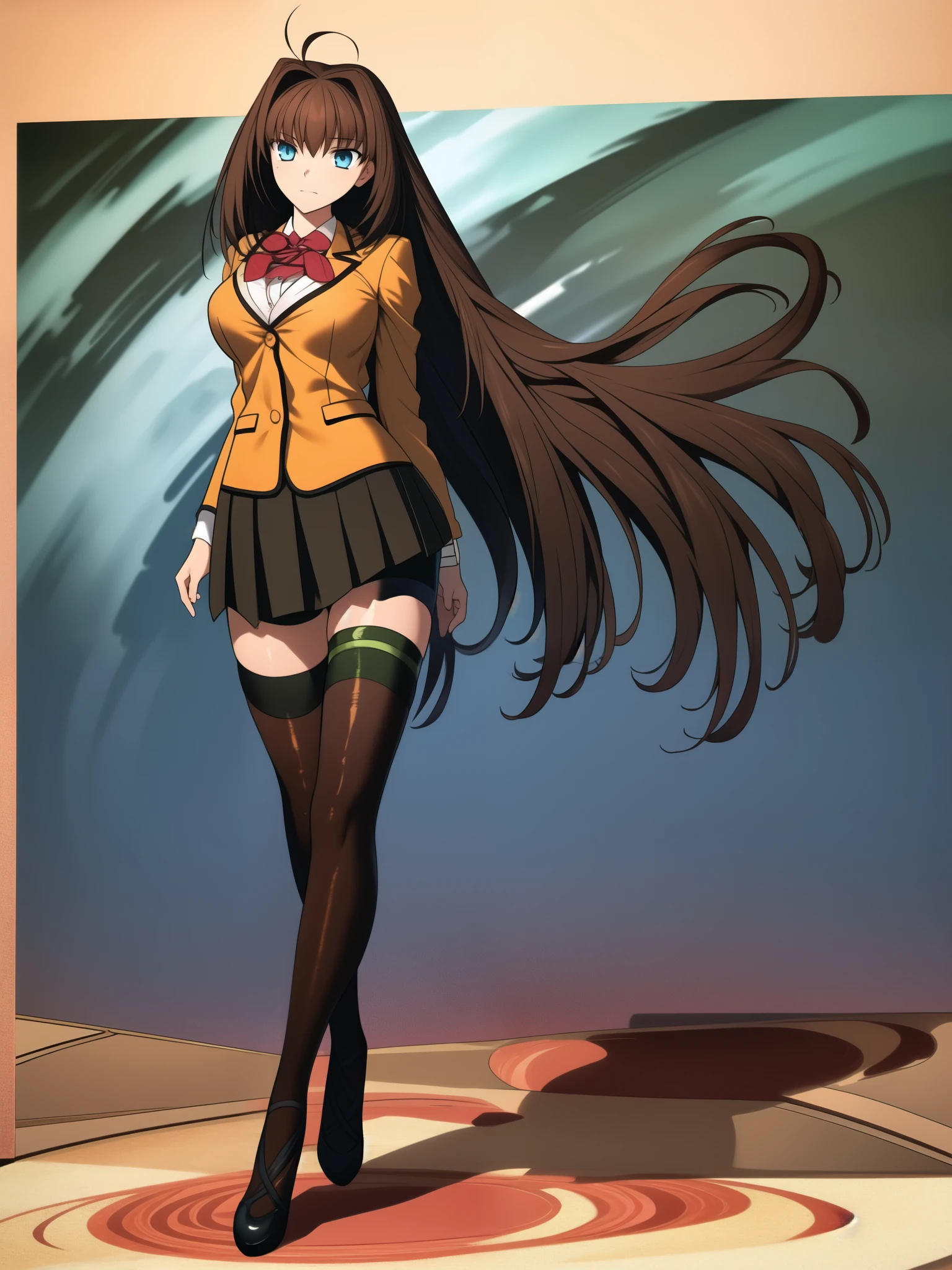 BREAK, blank background, white background, (EMPTY BACKGROUND), BREAK (masterpiece:1.2), best quality, high resolution, 8k, illustration, (beautiful detailed eyes:1.6), extremely detailed face, extremely detailed, CG, perfect hands, perfect ???????, (((1girl))), (((solo))), (((bbaoko))), (((2 legs max:1.7))), (((2 feet max:1.6))), ((swirling vortex shaped longest brown hair:1.5)), (brown longest hair with slightly reddish undertone:1.6), (lush luscious longest brown hair:1.6), (very long voluminous longest brown hair:1.5), serious, blue eyes, red bowtie, (Form-fitting beige blazer:1.5), brown jacket, (highly detailed beautiful face:1.2), (white shirt:1), (well shaped large breasts:1.6), (nice hips:1), (((Umber pleated thigh-high skirt:1.6))), (((black bike shorts:1.4))), (2 nice visible thighs:1.6), (symmetrical thigh-high black colored stockings:1.6), (strap shoes brown color), (facing front:1.5), ((standing straight:1.5)), ((Fullbody in frame:1.6)), ((Full body:1.5))