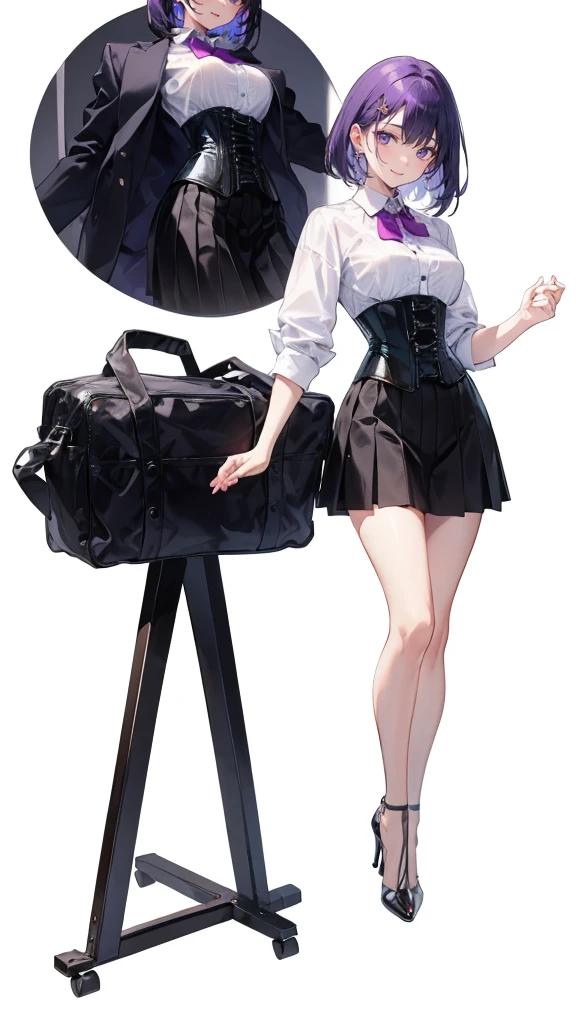 Purple Hair,Bob hair,Adult female,(suit),White Y-shirt,((Rolling up his sleeves)),(corset),(Black tight skirt),(High heels),Heels are visible,((Simple white background)),smile,((whole body)),((full body)),