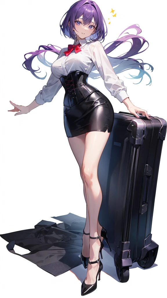 Purple Hair,Bob hair,Adult female,(suit),White Y-shirt,((Rolling up his sleeves)),(corset),(Black tight skirt),(High heels),Heels are visible,((Simple white background)),smile,((whole body)),((full body)),