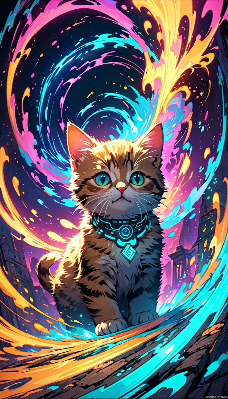 masterpiece,Official Art,8K, masterpiece, best quality, Very detailed, Animal Pie, Dynamic, Luminescence, Lovely, ,, , cybernetic world,kitten:1.2,Energy Wave,explode,Ancient World,neon,smokes.