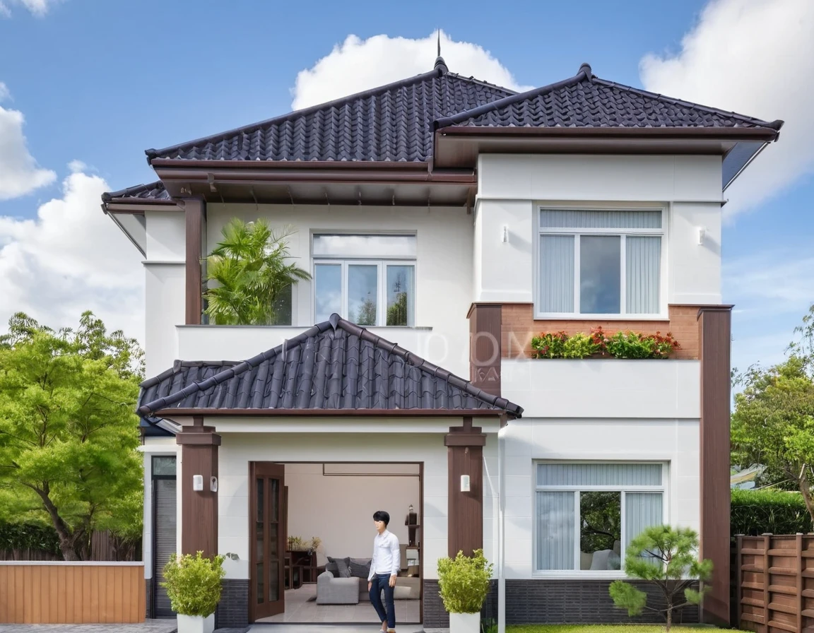 Raw photo,Masterpiece, high quality, best quality, authentic, super detail, exterior, outdoors, house style modern on the street,pavement, grass, trees, sky, cloud, (day:1.1), ((MIX WHITE AND Chocolate style color : 1.3)); (((CHOCOLATE COLOR STYLE ROOF TILES : 1.7))) , japanese roof style
