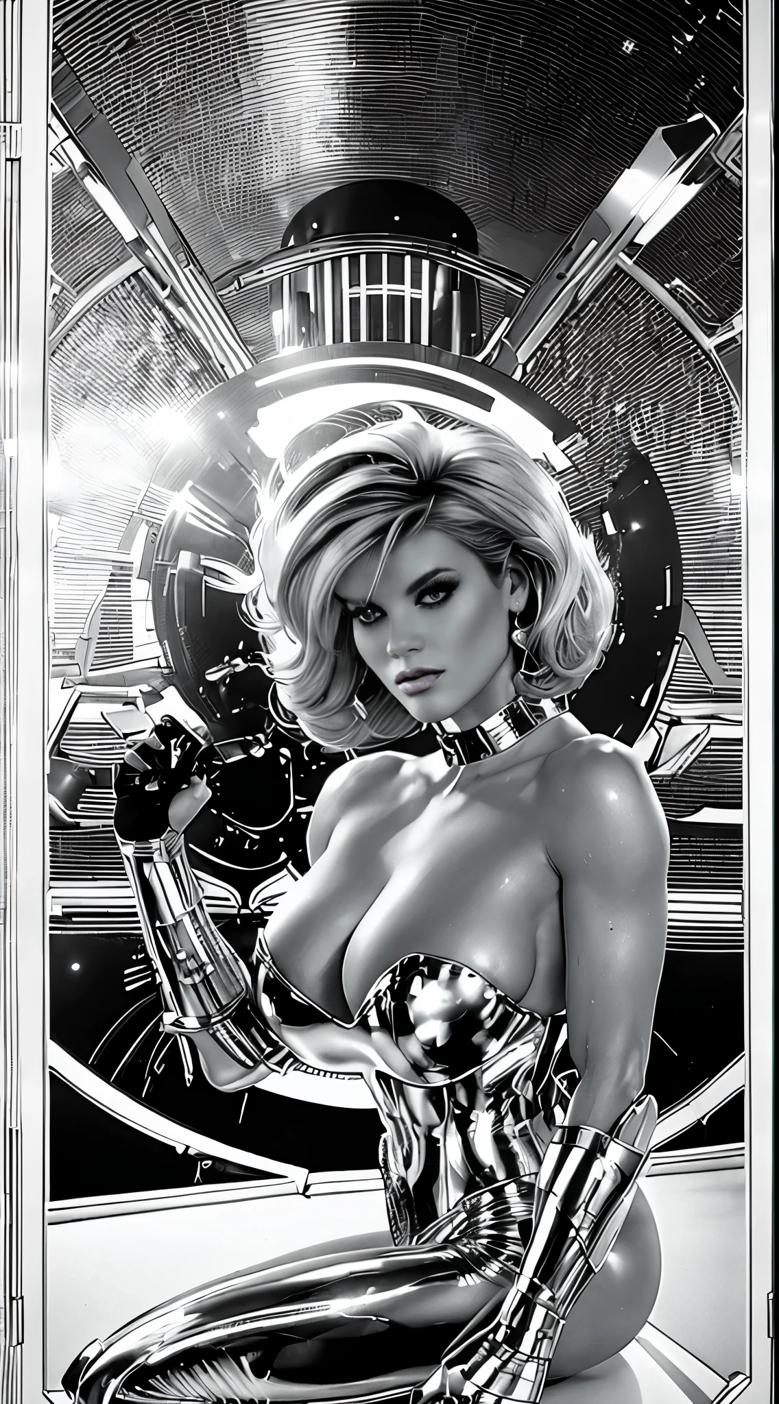 Ginger Lynn vestindo um traje espacial justo branco de seda com detalhes em renda branca, futurista cyberpunk, (((corpo inteiro))) no painel de quadrinhos, corpo todo, bold lineart illustration comics, olhos azuis sedutores, parted lips, Corpo perfeito, curved, Fitness, nsfw, ao estilo de Adam Hughes, (((obra prima))), (((adulto))) Explore retro-futuristic aesthetics, highlighting your confidence and skill. In the top of building, big city night