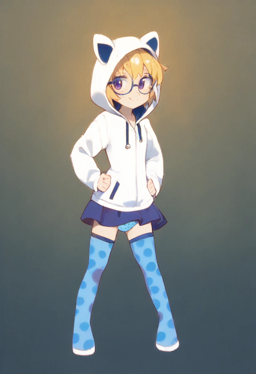 1 girl, solo, Ito, hood with animal ears, hood up, white hoodie, blonde hair, glasses, multicolored hair, blue polka dot panties, purple eyes, short hair, purple skirt, ribbon thighhighs, sneakers, small breasts, shy, by gamer chair, dark gamer room, smiling, standing, hands on hips, full body view,