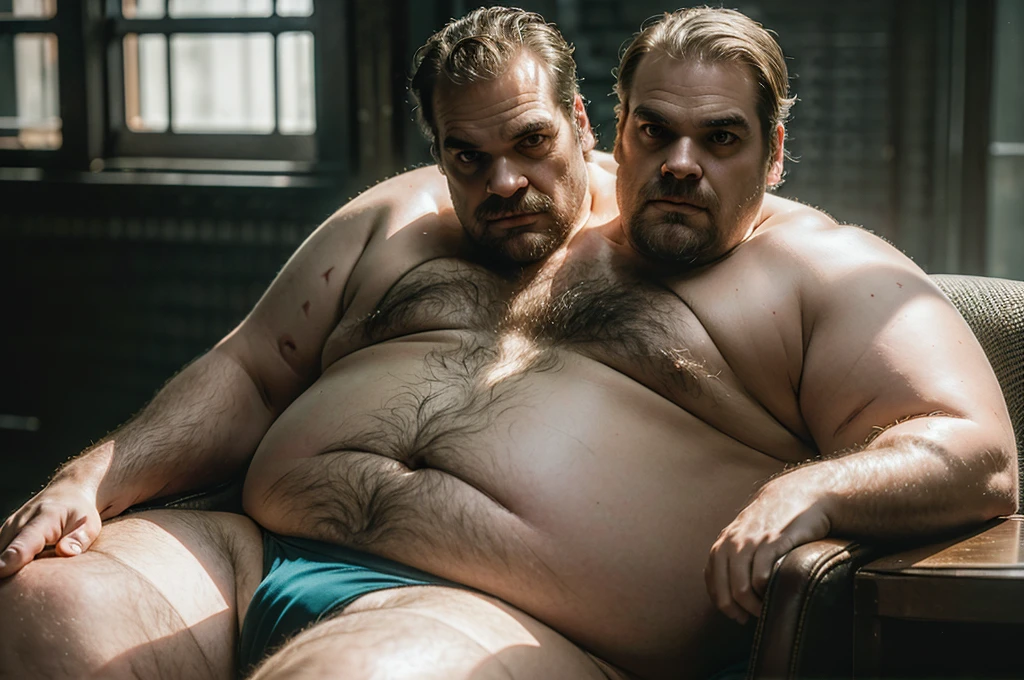 (((2heads))), solo, ((((david harbour)))), middle aged, male, short graying hair, (((obese, overweight, fat, chubby, heavy, dadbod))), ((shirtless, briefs)), navel, body hair, dreamy atmosphere, dark cyan and red, i can't believe how beautiful this is, serene atmosphere, epic realistic, soft cinematic light, hdr, intricate, highly detailed, (depth of field:1.4), faded, (neutral colors:1.2), (hdr:1.4), (muted colors:1.2), hyperdetailed, (artstation:1.4), cinematic, dramatic light, (intricate details:1.1), dim room scenery, (rutkowski:0.66), (intricate details) (skin texture:1.2), detailed expressions, natural pose, sitting on recliner