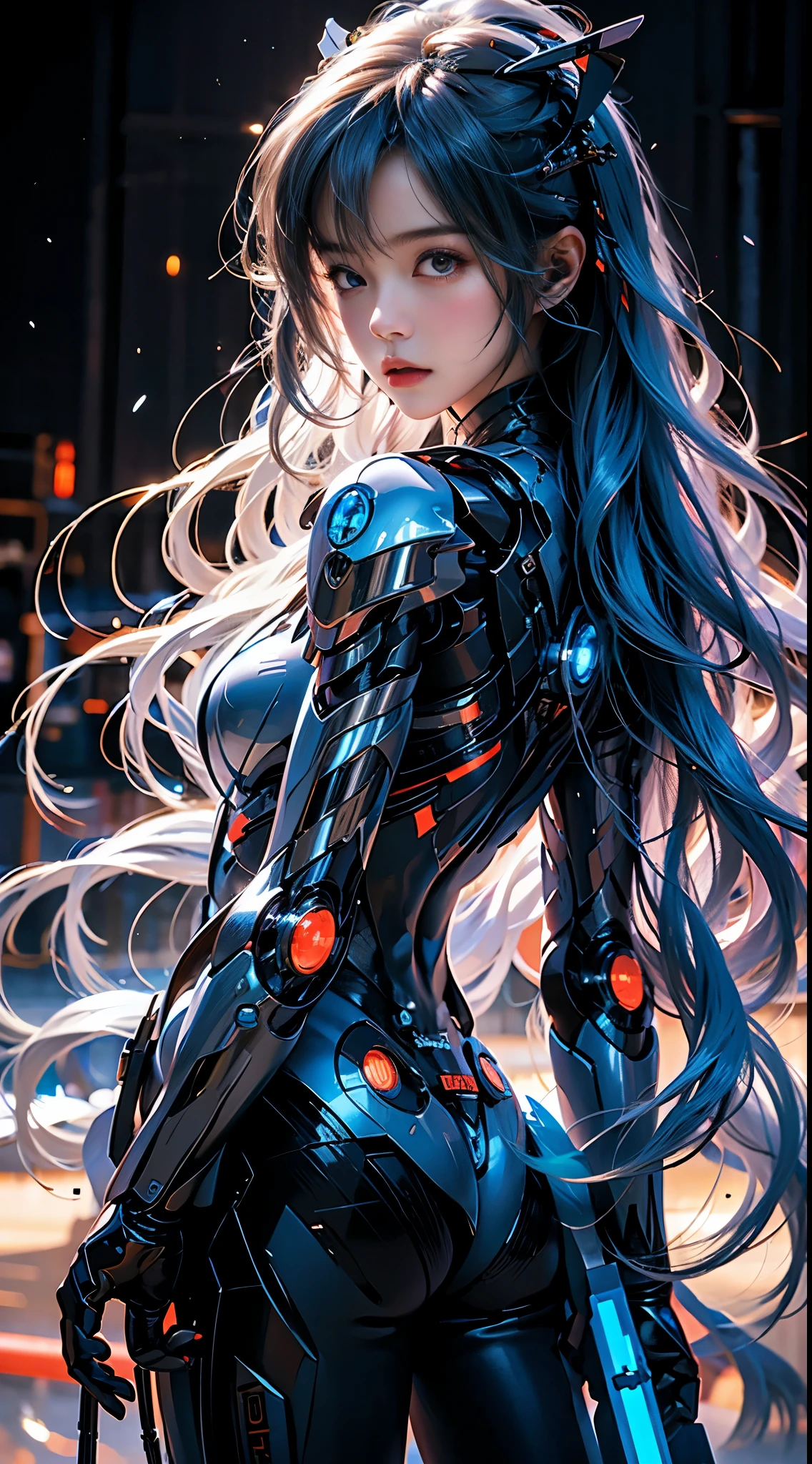 Mecha Girl,mirai,Cool lighting, long blue hair, millitary