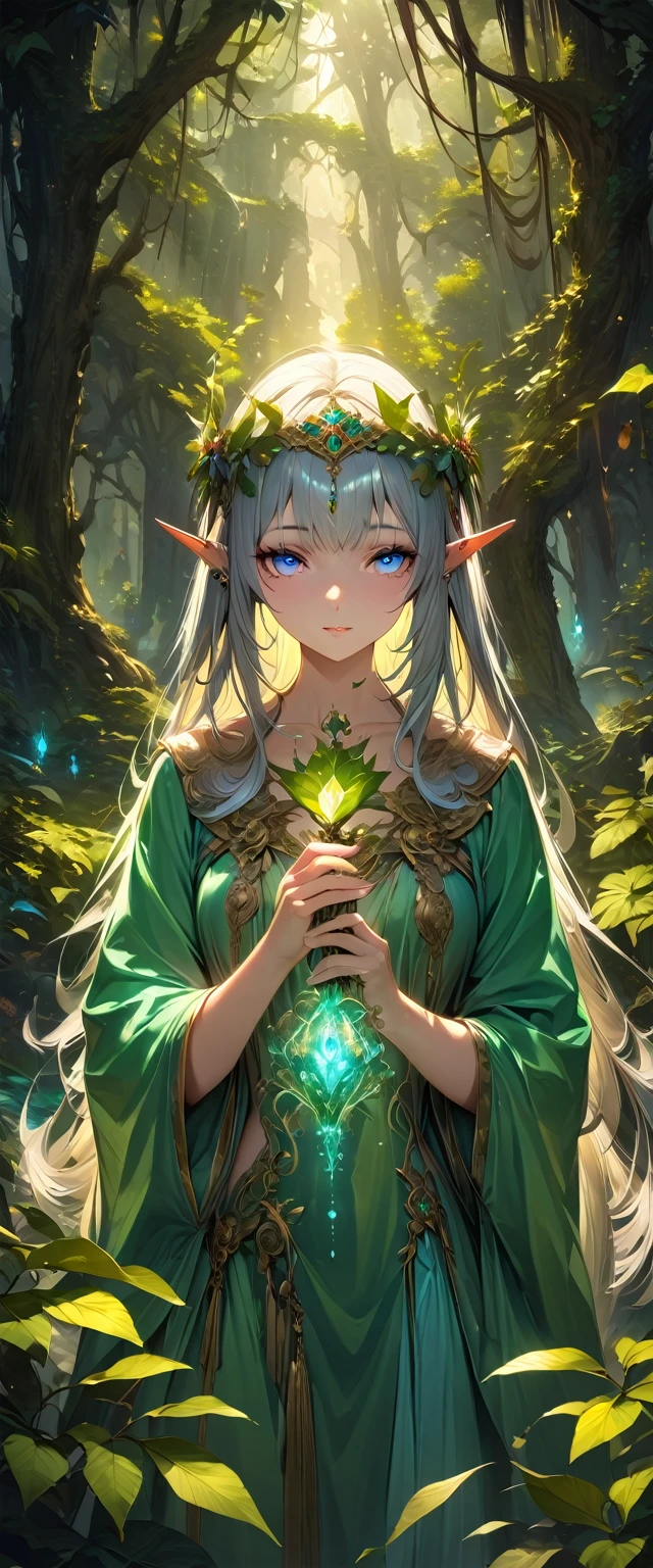 A graceful elf with long silver hair and piercing blue eyes, wearing a flowing green robe adorned with leaves and flowers. She holds a magical staff glowing with a soft light, and stands in an ancient forest surrounded by towering trees and magical creatures. The scene is bathed in ethereal light, creating a serene and mystical atmosphere.,(masterpiece:1.3),(highest quality:1.4),(ultra detailed:1.5),High resolution,extremely detailed,unity 8k wallpaper,