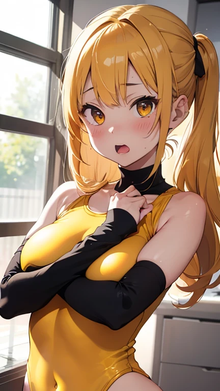 mastute piece,Best Quality,insanely detailed,8k cg,nsfw,
(shoot upper body:1.3),
(1girls:1.3),standing,looking at viewr,body in front,both arms behind back,(Yellow leotard),
break,
blush,shy,(trembling:1.2),(Yellow Hair),
break,
perfect ,perfect teats,(open mouth:0.9),(large breastsindoor sport field,