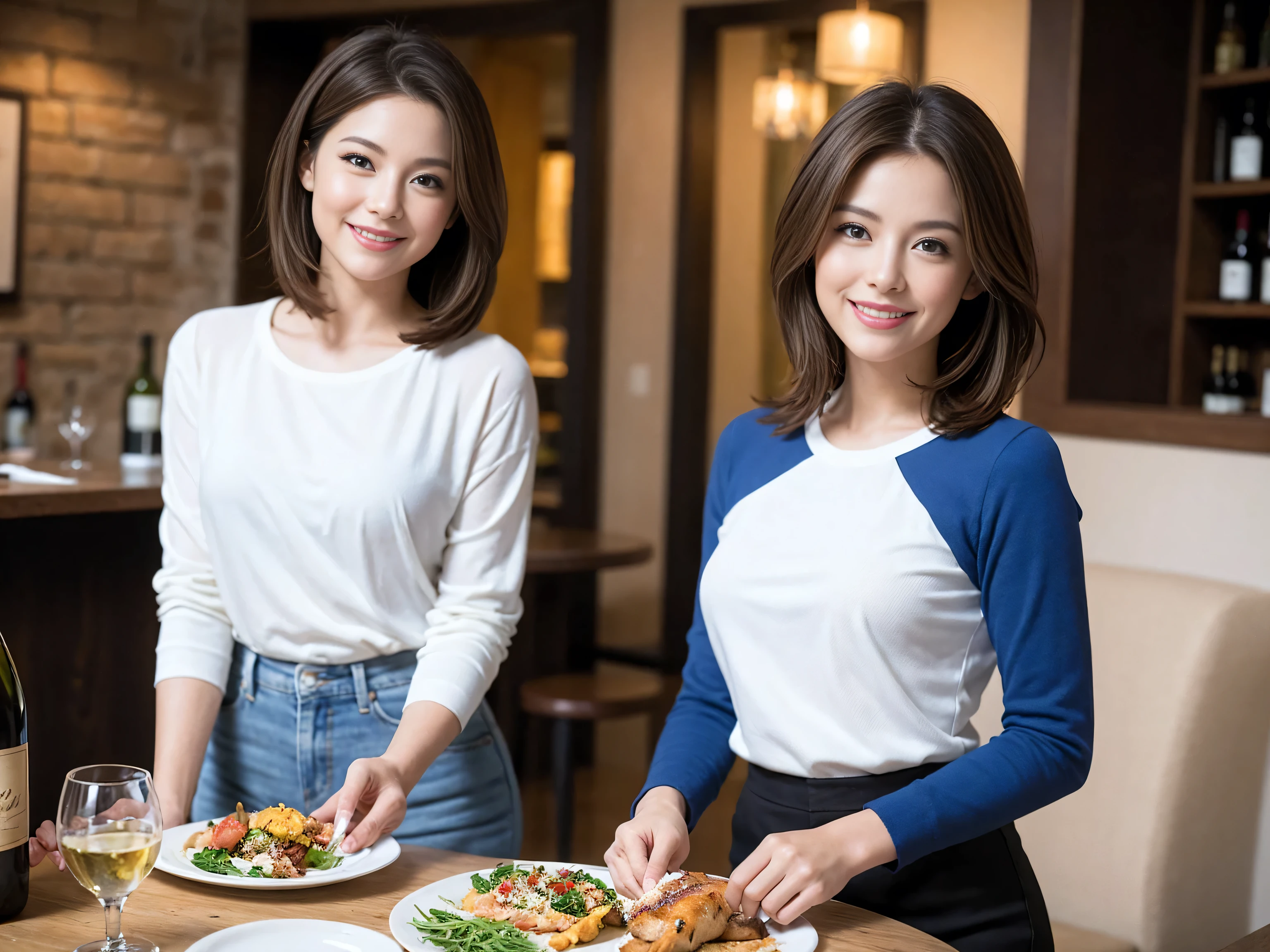 ((highest quality、8k、masterpiece:1.3))、1 male、1 woman who resembles Satomi Ishihara、Couple、Spouse、Couple、The body is slim、((Bob Hale、Straight hair:1.2)), (Realistic, Intricate details:1.2), Wine glass on the table、Put the light on your face、 Amazing view of the sunset sky and clouds、Amazing mountain views、A bright smile、The wonderfulness of smile、Bright image、The beauty of wine, Beautiful Face, blue eyes, The light shines on your face, Blushing, short hair,Bright Face、 (Age 37), 39 years old, red wine 、Appetizers、Italian food、Wine bottle、Champagne、sparkling wine、Two beauties、Brown Hair、Shortcuts、Long sleeve shirt、dress、Pretty Woman 1, (Slim face), (The body is slim), (Brown Hair), (Shortcuts), cheeks turn a little red,Attractive beauty、restaurant, In a prominent place (From the waist up) Nova Frog Style, actress, model, Upper Body, White wine, slim, wine glass, A wine glass placed in the center, smile, (smile: 1.15), Beautiful fine grain, Depth f/2,saturation, High Contrast, Strong light and shadow,Moist Body:1.5、3D texture、Delicate eyes、Brown Hair、The hair is very shiny、