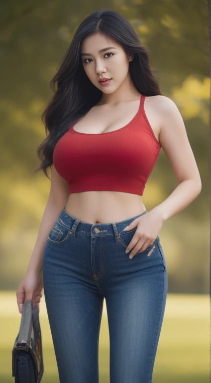 ((Realistic lighting, Best quality, 8K, Masterpiece: 1.3, very complex and detailed details)), Clear focus: 1.2, 1girl, Perfect Figure: 1.4, Slim Abs: 1.1, ((Black long hair)), (red crop top and tight jean: 1.4), (park: 1.1), Super fine face, Fine eyes, Double eyelids, sagging breasts, Asian goddess, adult and cute girl, perfect dynamic composition, Realistic proportions, Good anatomy, (realistic,Hyper-realistic:1.37), 16K HD, INFO, cowboy shot.