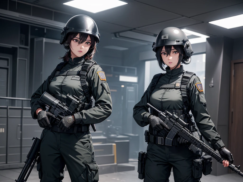 Three female riot police，Wear a riot helmet，Shield，All dark grey combat uniforms、Military Pants、Military rifle in hand，See the thighs，base，Write details、masterpiece、best quality、Highly detailed CG、8K picture quality、theater lighting、lens flare