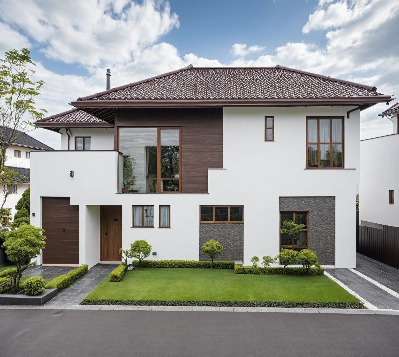 Raw photo,Masterpiece, high quality, best quality, authentic, super detail, exterior, outdoors, house style modern on the street,pavement, grass, trees, sky, cloud, (day:1.1), ((MIX WHITE AND Chocolate style color : 1.3)); (((CHOCOLATE COLOR STYLE ROOF TILES : 1.7))) , japanese roof style