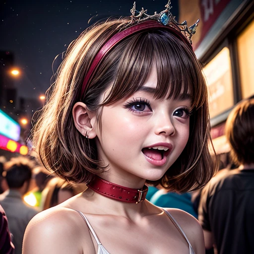 masterpiece of professional Analog photo, realistic and photorealistic with touch of rawness, (a close-up portrait of a tiny princess wearing white thongs on a city street), Dusk Sky with afterglow, intricate lighting effects with light particles, (many colorful lights dazzling bokeh), Traffic lights, crowd of tiny girls enjoying summer festival, { Childish | Gigantic Cleavage }, (((NOGIZAKA))) Extremely Detailed very KAWAII face variation, perfect anatomy, captivating gaze, elaborate detailed Eyes with (sparkling highlights:1.2), long eyelashes、Glossy RED Lips with beautiful details, Coquettish tongue, Rosy cheeks . (Dynamic joyful expressions), { pleasure in agony | Ecstasy | :D | screaming | Perplexed }, Mystic sight . hair and eye color is same color, { Red leather high collar | Red ribbon }, from diagonally angle. short bob, Tiny princess tiara .