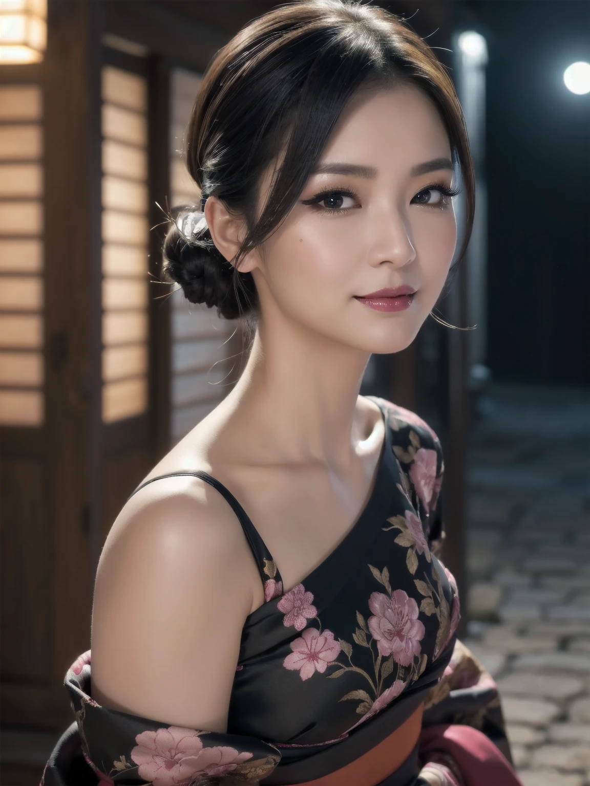 nsfw, (1mature lady:1.1), beautiful kimono woman, sexy MILF, evil widow, a wanton slut Unsettling, SUKEBE, 35year-old, masterpiece, perfect anatomy, ideal facial features, ideally proportioned figure, perfectly beautiful body, makeup, slyly looks, Cruel grinning slit eyes, (evil roguish smile:1.3), sensual brunette, Very short Seventy-three division, chignon behind, Beautifully detailed eyes, double eyelid, (eyeliner:1.2), mascara, eyeshadow, (Lines and wrinkles:1.1), (facial wrinkles:1.1), Beautifully detailed nose and nostrils, Beautifully detailed lips, (lipstick:1.1), dark red lips, glossy lips, Glamor, soft and curvy, body conscious, Neck, shoulder, Collarbone, cleavage, (saggy gigantic breasts), Pale areola, nipple protrusion, (facing at viewer, evil seducing pose), BREAK, outdoors, (A back alley at night with only the moonlight), (The quaint backstreets of the ancient capital, Kyoto), (Black silk kimono:1.1),(detailed skin:1.2), (shiny skin:1.1) ,16k, best quality, ultra high res, (photorealistic:1.4), magnificent RAW photo,(soft saturation:1.3), (fair skin:1.2), honey-colored glistening skin, super detailed skin, glossy skin, incredibly absurd res, absolutely resolution, ultra high res, dynamic lighting, cinematic deep shadows, depth of field, sharp focus, (from below)