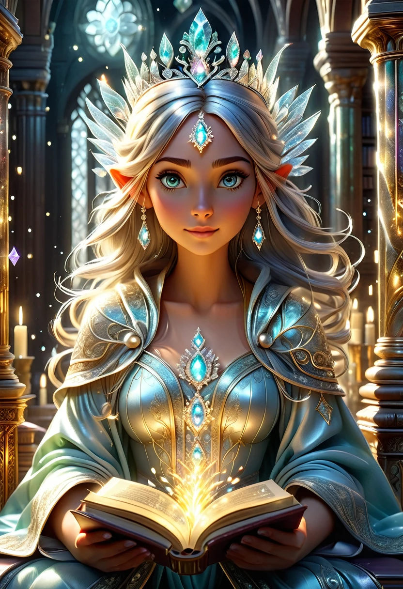 A wise elf reading an ancient book of spells in a grand library filled with glowing crystals and ancient artifacts. She wears a silver tiara and a robe that shimmers with every movement, her eyes focused intently on the magical symbols on the pages.,(masterpiece:1.3),(highest quality:1.4),(ultra detailed:1.5),High resolution,extremely detailed,unity 8k wallpaper,