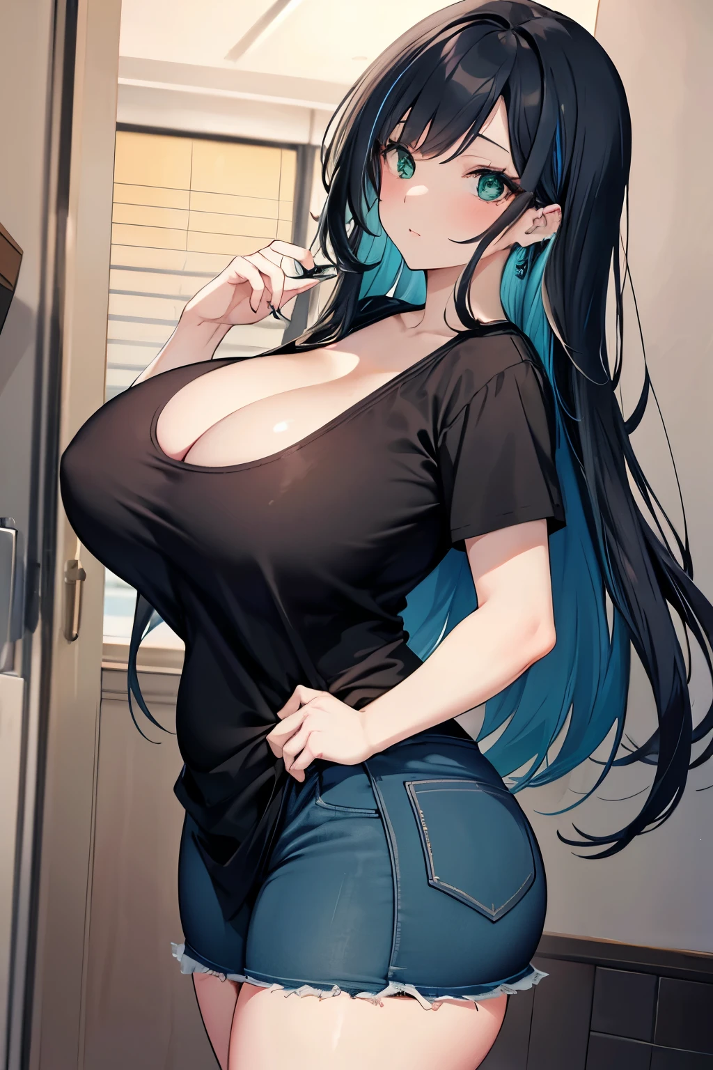 high quality, anime style, 1 woman, solo, mature woman, MILF, long black hair with blue highlights, light makeup, casual clothes, green eyes, huge breasts, huge fat ass, very thick thighs