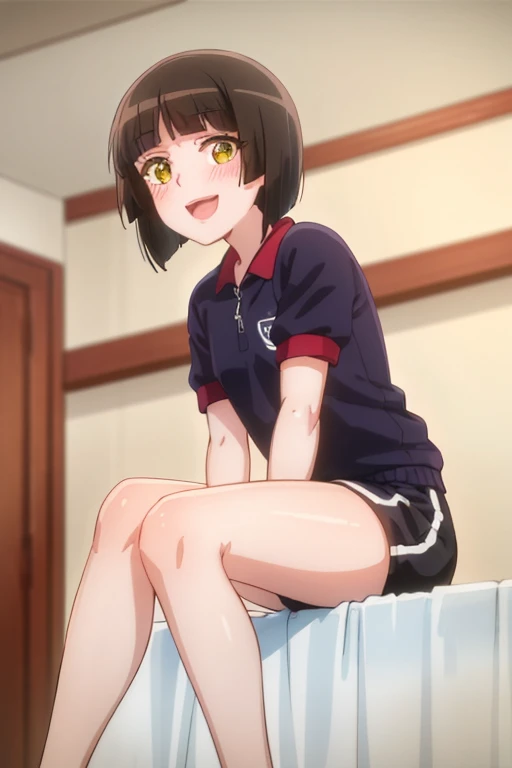 ((highest quality)), ((masterpiece)), (be familiar with), Perfect Face, indoor, Bedroom, Watching the audience,
One woman, Mio,
Open Mouth, Ecstatic expression, blush, smile,
Small breasts, Flat Chest, Young Girl, , , Girl,
Short Hair, short hair,
Gym suit, White short sleeves, Black shorts, Leg spread,