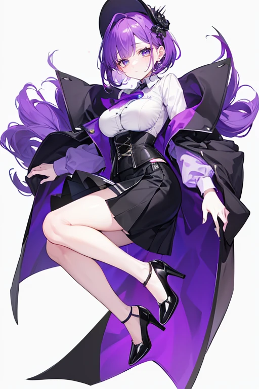 Purple Hair,Bob hair,Adult female,(suit),White Y-shirt,((Rolling up his sleeves)),(corset),(Black tight skirt),(High heels),Heels are visible,((Simple white background)),smile,((whole body)),((full body)),