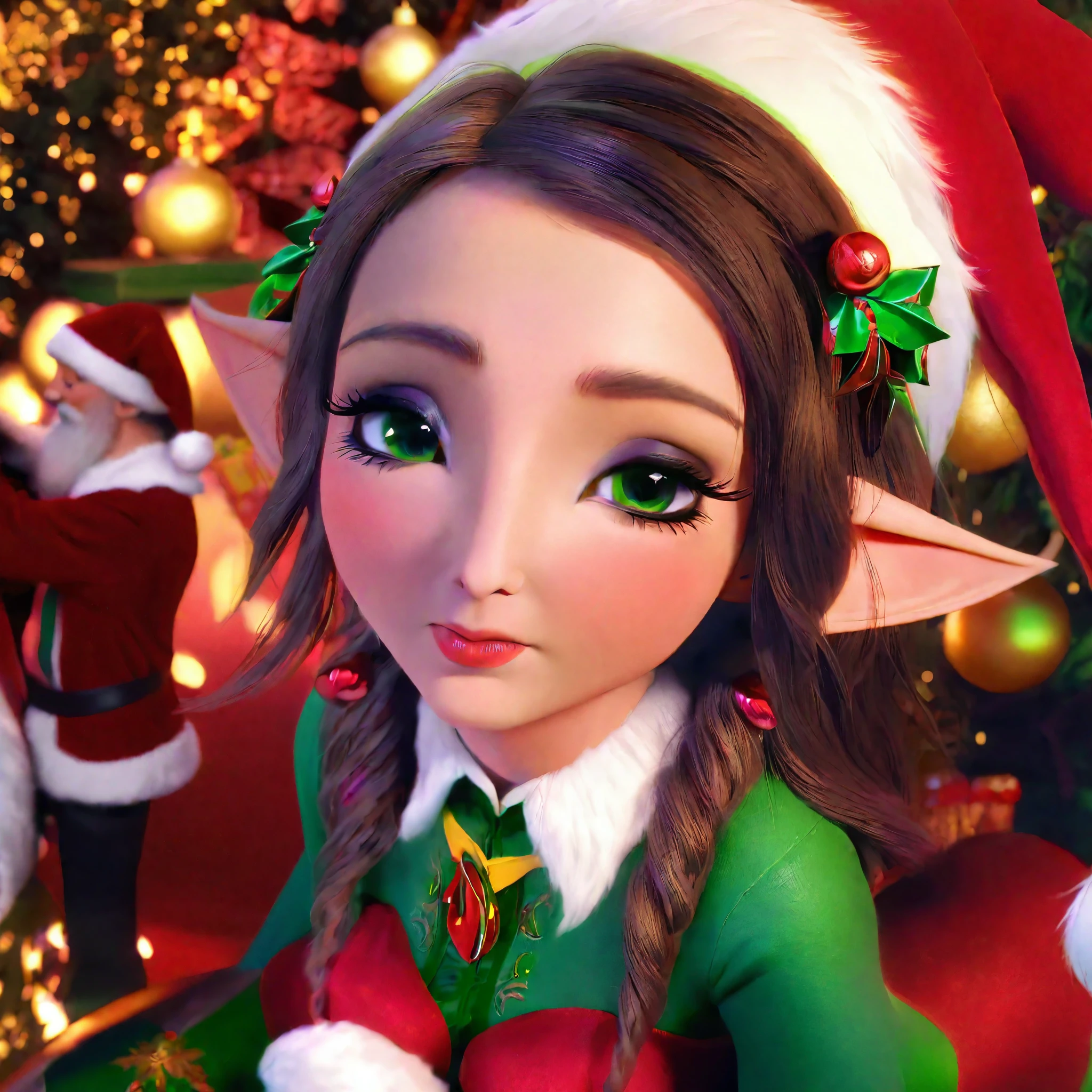 a cute elf woman, intricate green outfit with red trim and bells, santa's workshop, toy assembly line, happy expression, detailed face, beautiful eyes, small nose, lovely lips, long eyelashes, detailed hands, (best quality,4k,8k,highres,masterpiece:1.2),ultra-detailed,(realistic,photorealistic,photo-realistic:1.37),fantasy,illustration,digital painting,vibrant colors,warm lighting,christmas theme,whimsical
