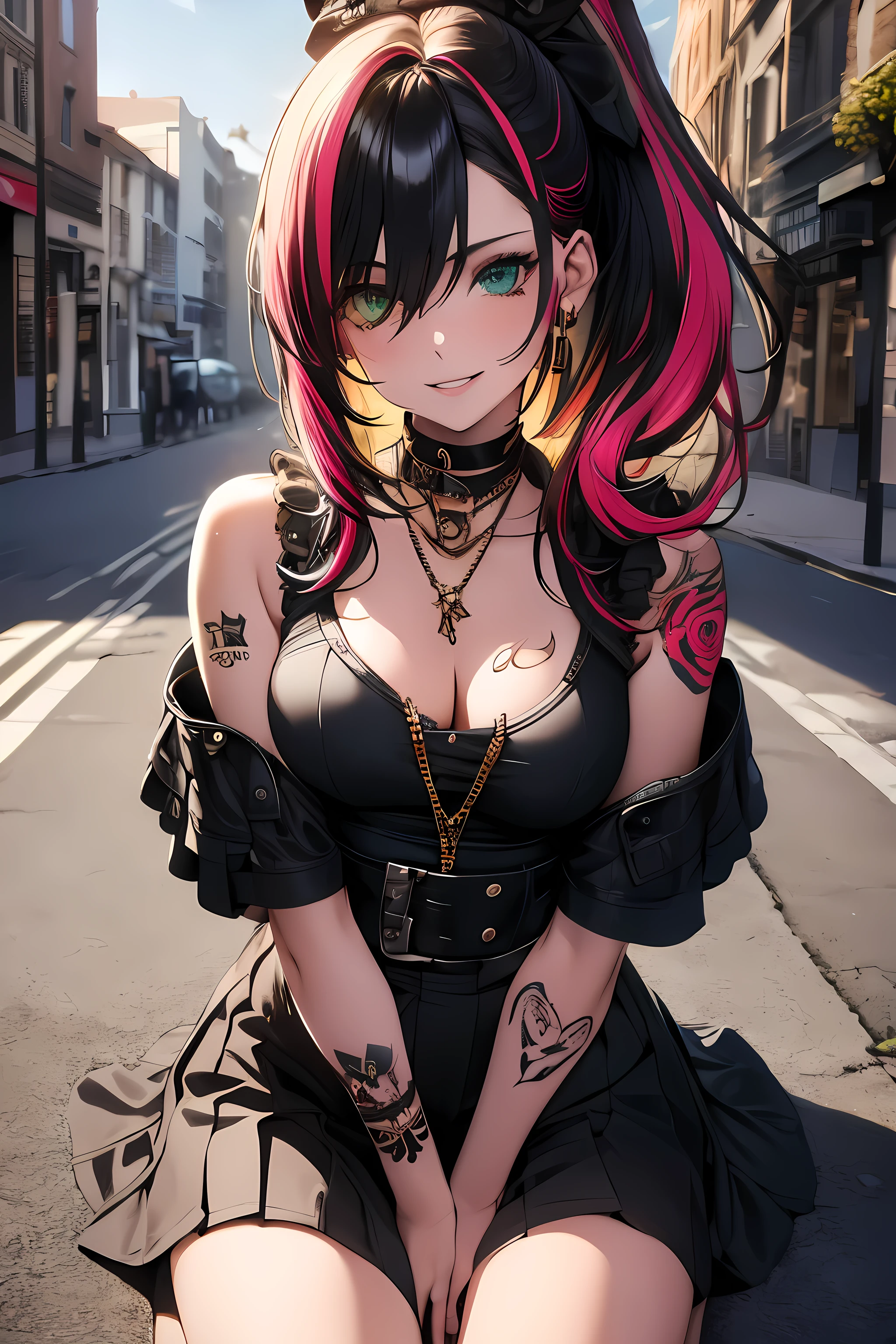 masterpiece, best quality, UHD-HDR 4k, highres, extremely detailed 8K wallpaper, 1girl, rock star,, hair between eyes, bangs,  medium breasts, slim waist, cleavage, collarbone, jewelry, ponytail, makeup,intricate details,(multicolored hair:1.5) , fingerless gloves,, (tattoo:1.3) black  jacket , red combat boots,  (rose tattoo),  (skulls  tattoo), gorgeous eyes and beautiful face, (freckles:1.1), green eyes, collarbone, thigh gap,light makeup, vivid colors, on street,, looking back., crop top, corset, pleated skirt, torn legwear, socks