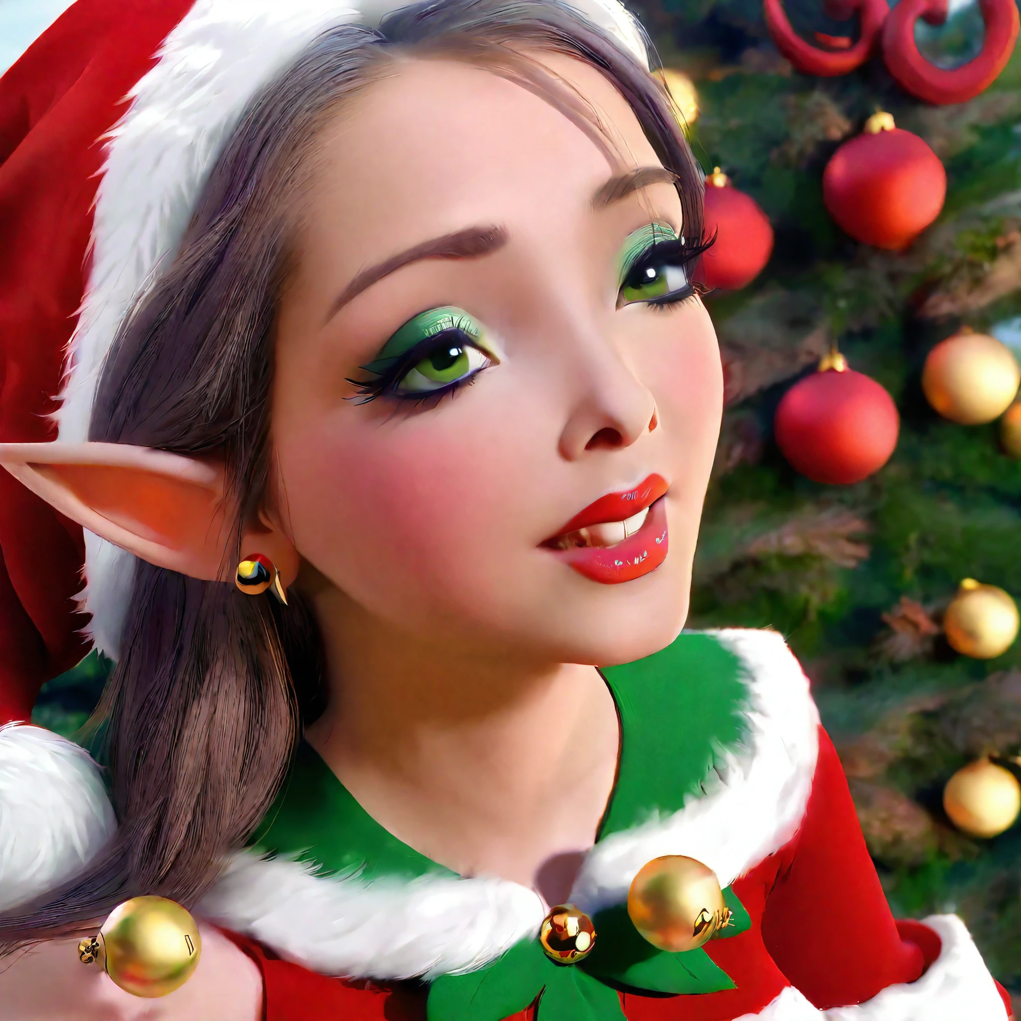 a cute elf woman, intricate green outfit with red trim and bells, santa's workshop, toy assembly line, happy expression, detailed face, beautiful eyes, small nose, lovely lips, long eyelashes, detailed hands, (best quality,4k,8k,highres,masterpiece:1.2),ultra-detailed,(realistic,photorealistic,photo-realistic:1.37),fantasy,illustration,digital painting,vibrant colors,warm lighting,christmas theme,whimsical