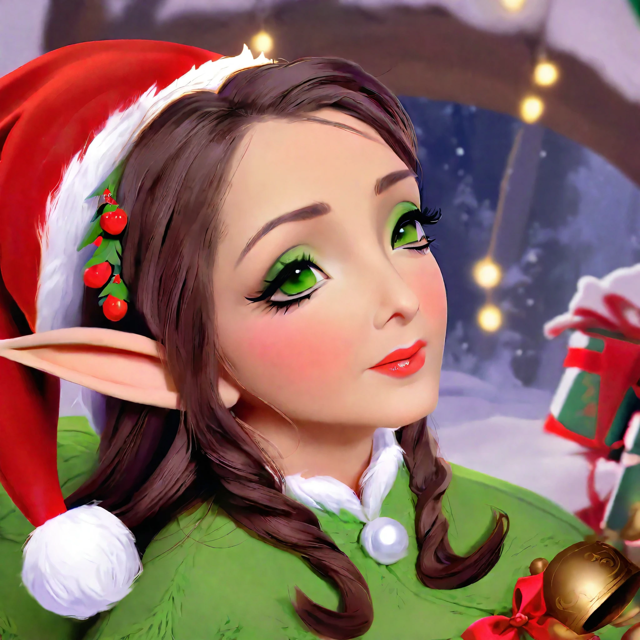 a cute elf woman, intricate green outfit with red trim and bells, santa's workshop, toy assembly line, happy expression, detailed face, beautiful eyes, small nose, lovely lips, long eyelashes, detailed hands, (best quality,4k,8k,highres,masterpiece:1.2),ultra-detailed,(realistic,photorealistic,photo-realistic:1.37),fantasy,illustration,digital painting,vibrant colors,warm lighting,christmas theme,whimsical