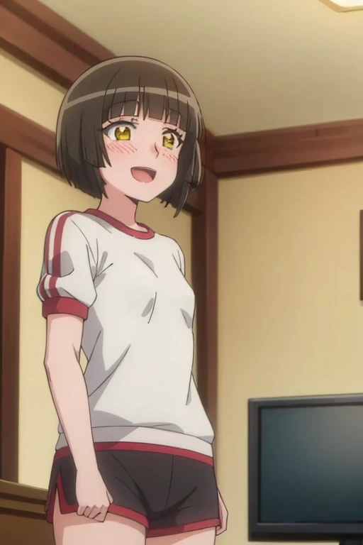 ((highest quality)), ((masterpiece)), (be familiar with), Perfect Face, indoor, Bedroom, Watching the audience,
One woman, Mio,
Open Mouth, Ecstatic expression, blush, smile,
Small breasts, Flat Chest, Young Girl, , , Girl,
Short Hair, short hair,
Gym suit, White short sleeves, Black shorts, Leg spread,