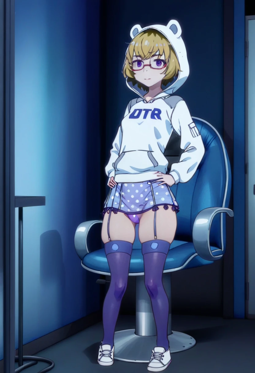 1 girl, solo, Ito, hood with animal ears, without hood, white hoodie, blonde hair, glasses, multicolored hair, blue polka dot panties, purple eyes, short hair, purple skirt, ribbon thighhighs, sneakers, small breasts, shy, by gamer chair, dark gamer room, smiling, standing, hands on hips, full body view,