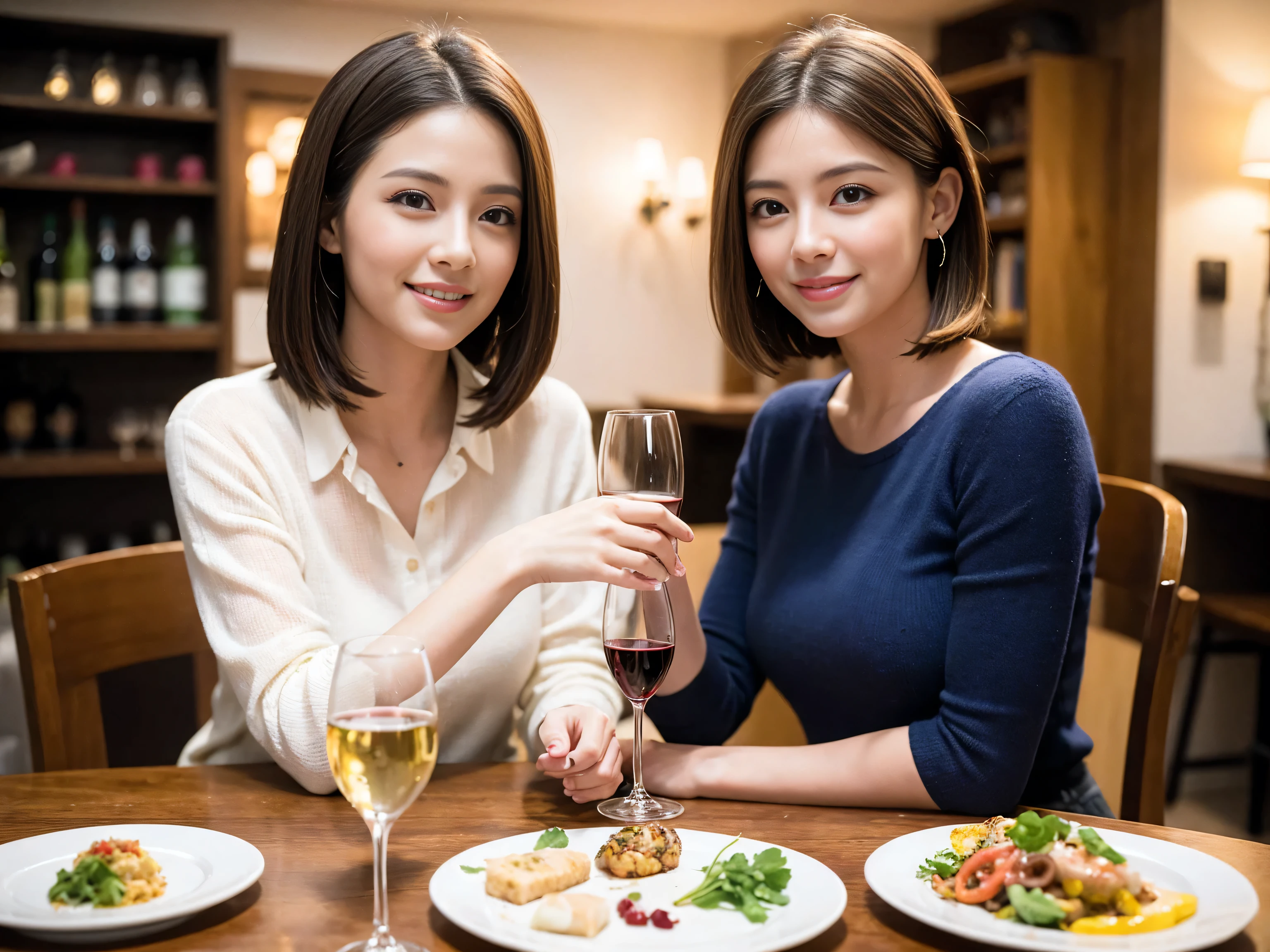 ((highest quality、8k、masterpiece:1.3))、1 male、1 female、Satomi Ishihara lookalike couple、Spouse、Brown Hair Couple、The body is slim、((Bob Hale、Straight hair:1.2)), (Realistic, Intricate details:1.2), Wine glass on the table、Put the light on your face、 Amazing view of the sunset sky and clouds、Amazing mountain views、A bright smile、The wonderfulness of smile、Bright image、The beauty of wine, Beautiful Face, blue eyes, The light shines on your face, Blushing, short hair,Bright Face、 (41 years old), 39 years old, red wine 、Appetizers、Italian food、Wine bottle、Champagne、sparkling wine、Two beauties、Brown Hair、Shortcuts、Long sleeve shirt、dress、Pretty Woman 1, (Slim face), (The body is slim), (Brown Hair), (Shortcuts), cheeks turn a little red,Attractive beauty、restaurant, In a prominent place (From the waist up) Nova Frog Style, actress, model, Upper Body, White wine, slim, wine glass, A wine glass placed in the center, smile, (smile: 1.15), Beautiful fine grain, Depth f/2,saturation, High Contrast, Strong light and shadow,Moist Body:1.5、3D texture、Delicate eyes、Brown Hair、The hair is very shiny、