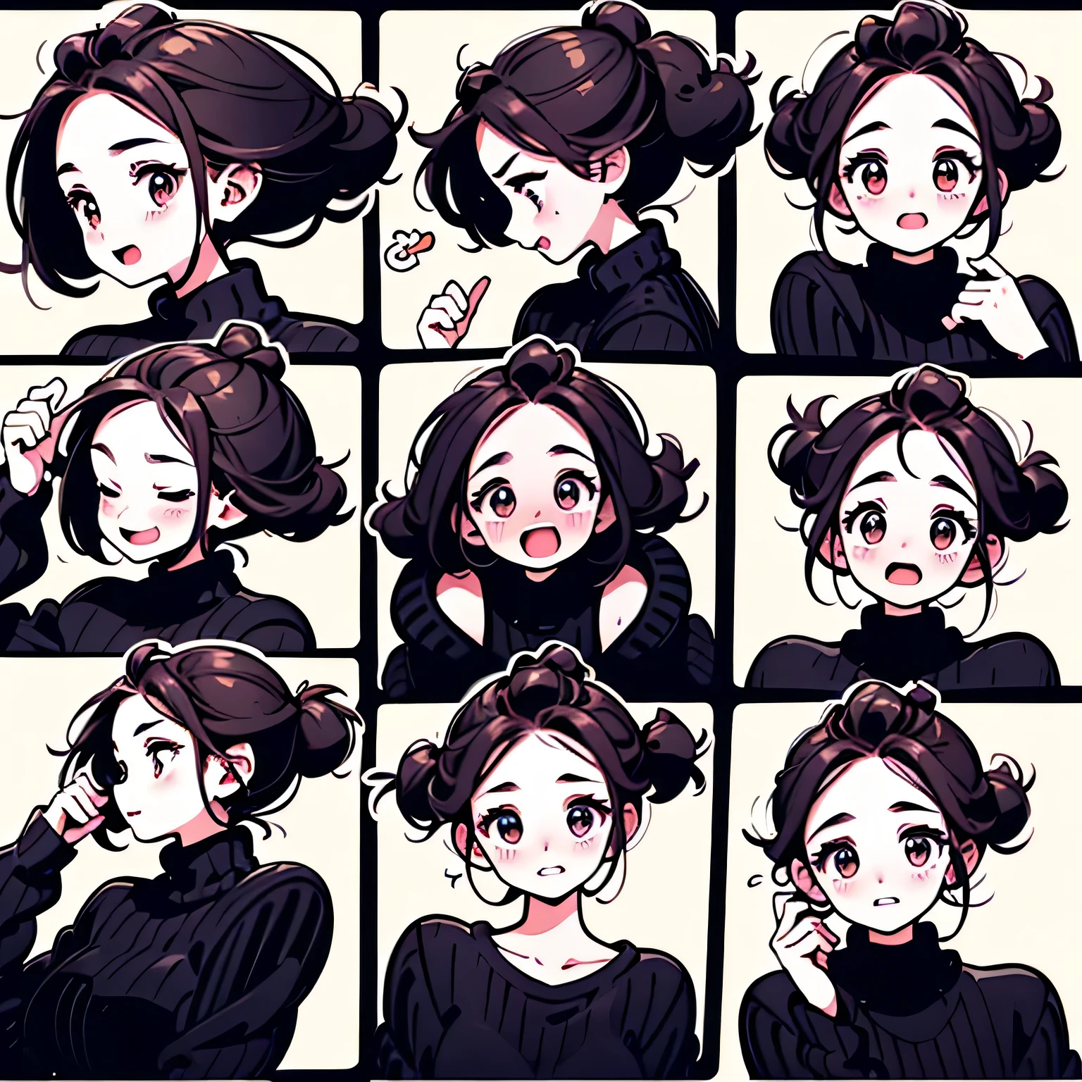 realism, (((Better Quality: 1.4))), ((Very detailed: 1.4)), Very detailed gouache portrait of a beautiful woman with red lips and black outfit, number, comics, Actual, Emoji Pack,(9 Emojis,Emoji Table,constellation),9 poses and expressions(anger,surprise,have a good time,wake up,laughing out loud,Suspect,angered,I touch your head,Sale Cute, hang on),Anthropomorphic style,Disney Style,Black Line,9 different emotions,9 poses and expressions,8k