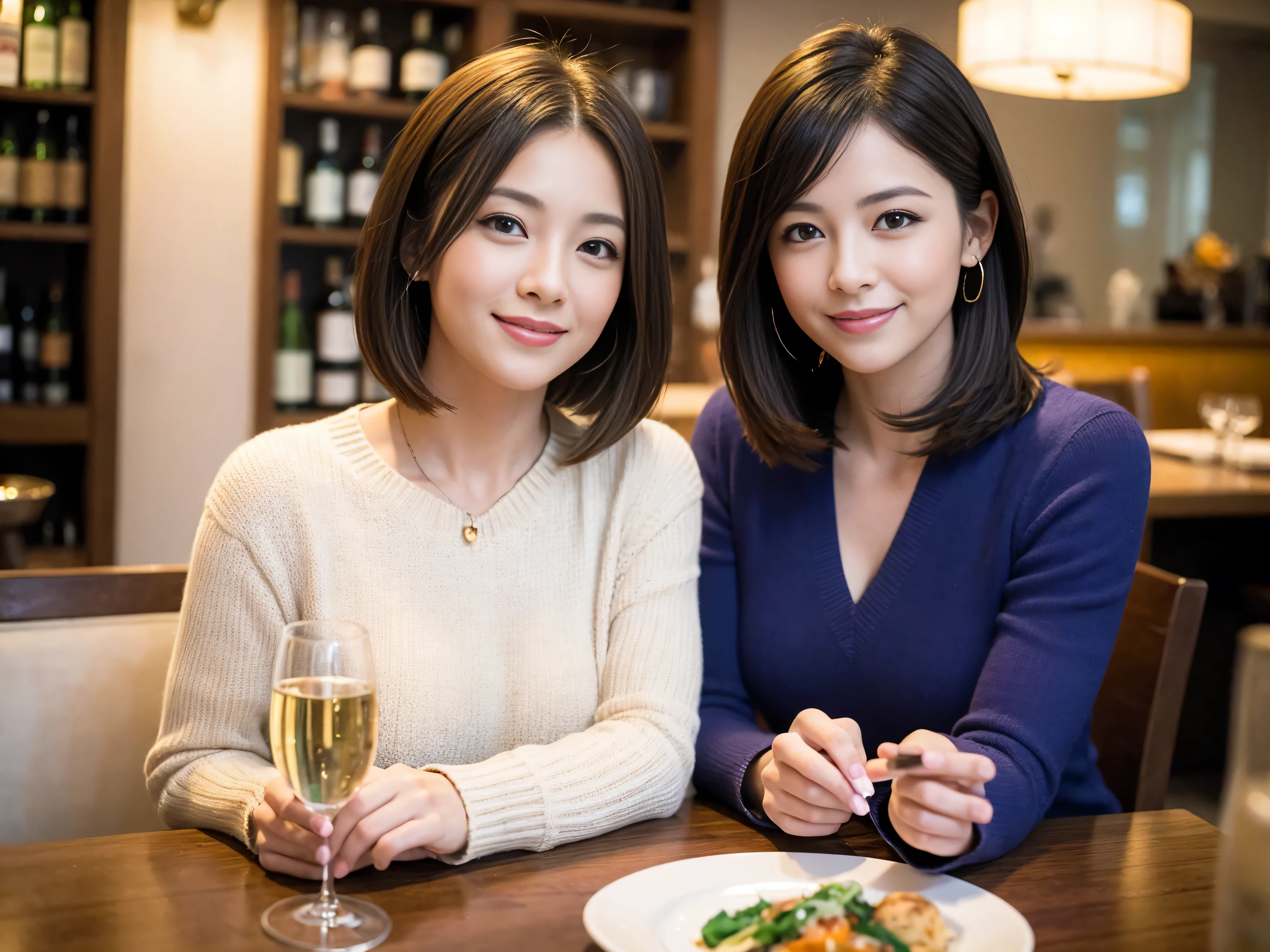 ((highest quality、8k、masterpiece:1.3))、1 male、1 woman who resembles Satomi Ishihara、Couple、Spouse、Couple、The body is slim、((Bob Hale、Straight hair:1.2)), (Realistic, Intricate details:1.2), Wine glass on the table、Put the light on your face、 Amazing view of the sunset sky and clouds、Amazing mountain views、A bright smile、The wonderfulness of smile、Bright image、The beauty of wine, Beautiful Face, blue eyes, The light shines on your face, Blushing, short hair,Bright Face、 (Age 42), 39 years old, red wine 、Appetizers、Italian food、Wine bottle、Champagne、sparkling wine、Two beauties、Brown Hair、Shortcuts、Long sleeve shirt、dress、Pretty Woman 1, (Slim face), (The body is slim), (Brown Hair), (Shortcuts), cheeks turn a little red,Attractive beauty、restaurant, In a prominent place (From the waist up) Nova Frog Style, actress, model, Upper Body, White wine, slim, wine glass, A wine glass placed in the center, smile, (smile: 1.15), Beautiful fine grain, Depth f/2,saturation, High Contrast, Strong light and shadow,Moist Body:1.5、3D texture、Delicate eyes、Brown Hair、The hair is very shiny、