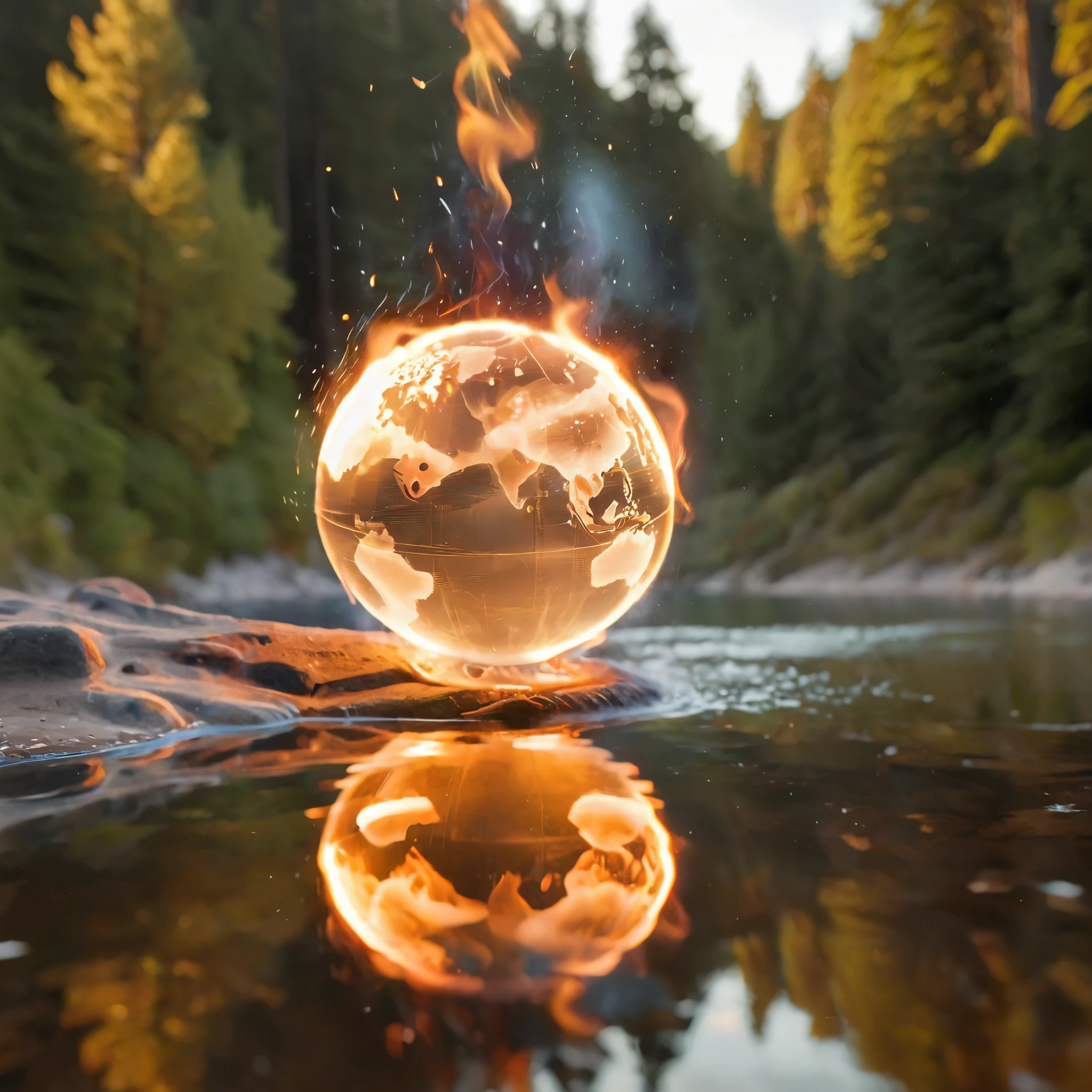 a hyper-realistic scene of a globe engulfed in flames splashing into a serene body of water. The globe, detailed with continents, is vividly on fire with bright, orange flames and fiery embers flying off. As the globe hits the water, it creates a dramatic splash with water droplets and waves captured in mid-motion. The scene is set against a background of a forest with tall trees and mountains in the distance, bathed in the warm glow of a setting sun. The sky is clear with a few scattered clouds, and the overall lighting enhances the contrast between the fiery globe and the cool water. Reflections of the flaming globe can be seen on the water surface, adding depth to the image.