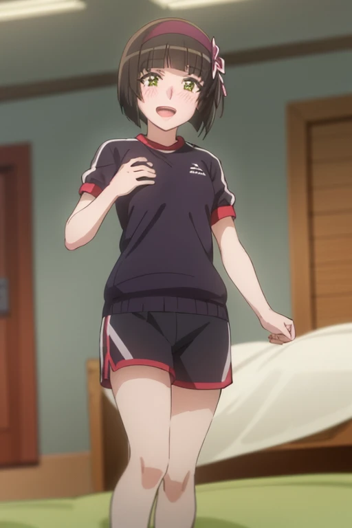 ((highest quality)), ((masterpiece)), (be familiar with), Perfect Face, indoor, Bedroom, Watching the audience,
One woman, Mio,
Open Mouth, Ecstatic expression, blush, smile,
Small breasts, Flat Chest, Young Girl, , , Girl,
Short Hair, short hair,
Gym suit, White short sleeves, Black shorts, Leg spread,