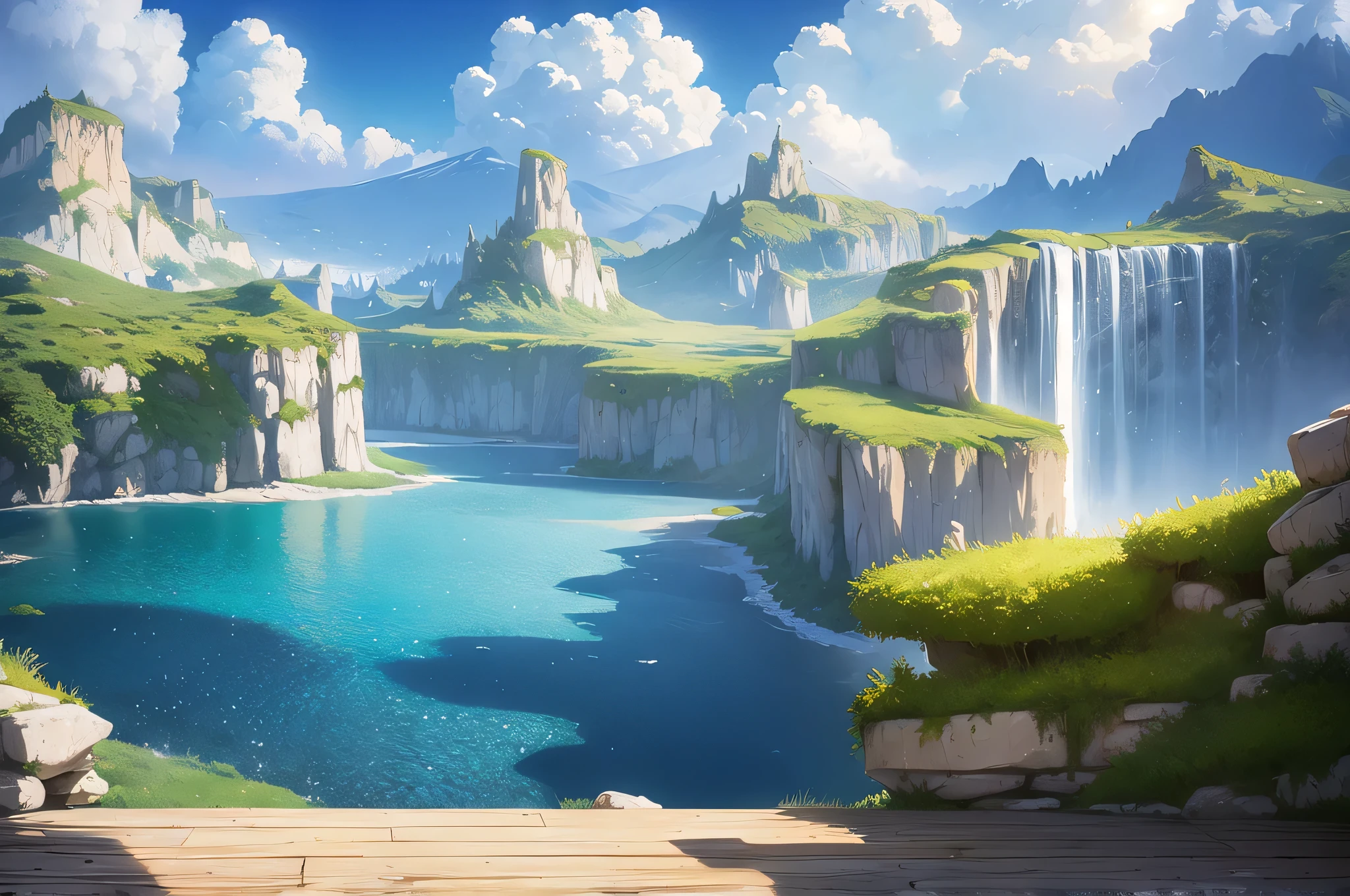 A beautiful masterpiece, volumetric lighting, (Ambrosia), gust, mountains stars ocean forest, (Air:1.2), floating island, will-o'-the-wisp \(mythology\), Lily \(flower\), Firefly, clouds moon, aroma