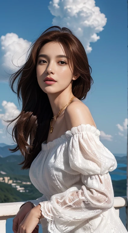 photorealisti, surrealism painting, Photorealistic realism, (extremelydetailed8Kwallpaper), (Extremely refined and beautiful), (tmasterpiece), (best qualtiy: 1.5), (Ultra-high resolution: 1.3), Detailed skins, ultra - detailed, (Long curly hair:1.2), ssmile, red_hair, A gentle breeze blows, diamond_necklace, full_body, white_off_the_shoulder_shirt_with_bobo_sleeves, gold_lace, (mountain_top: 1.6), (colorful_clouds), realistic shaded,