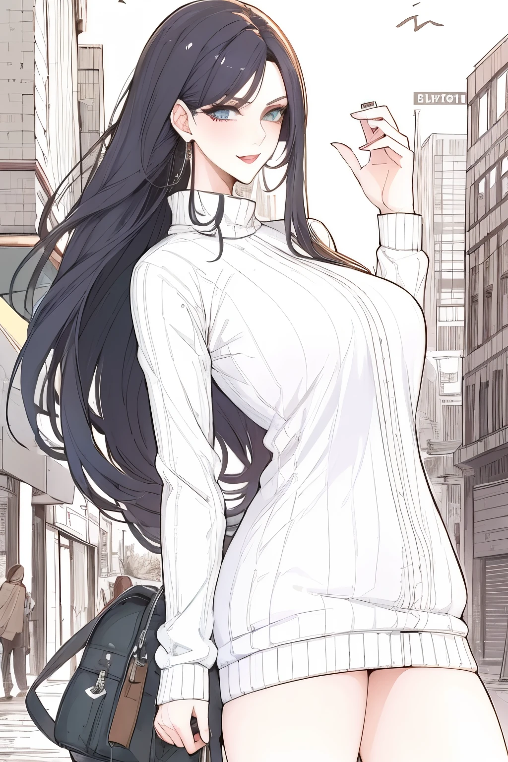 (masterpiece, best quality:1.2), 1girl, solo,mature_lady,black long hair, sweater,in street