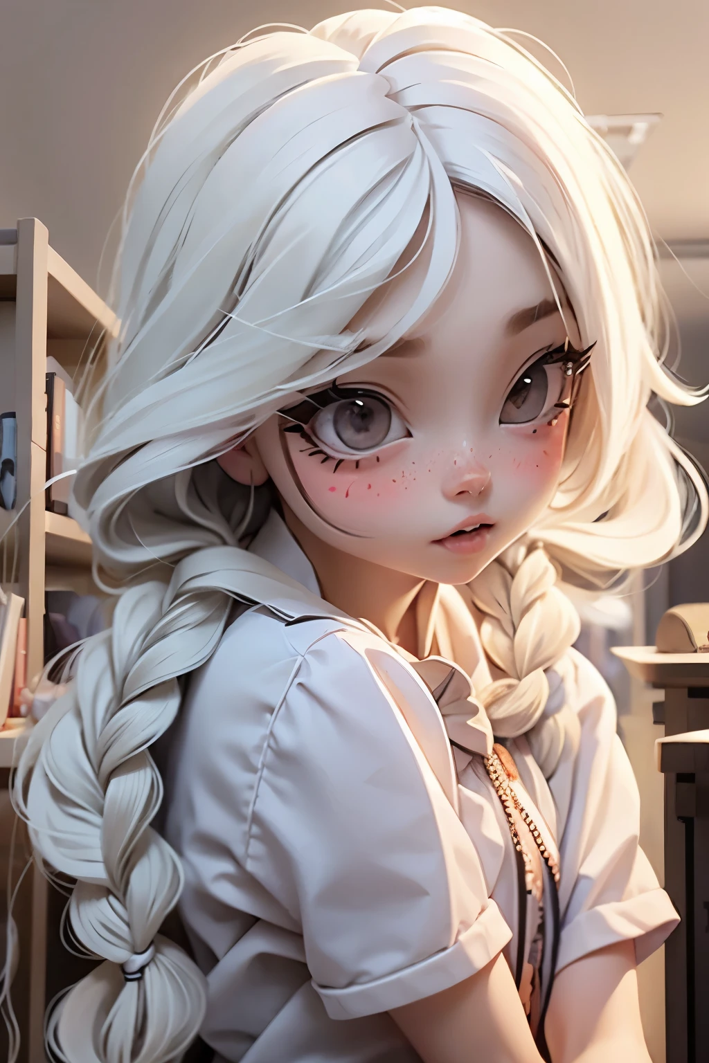 Lolli girl, braid hair, school, talking, library background, white hair, frontal pose, face close,scared