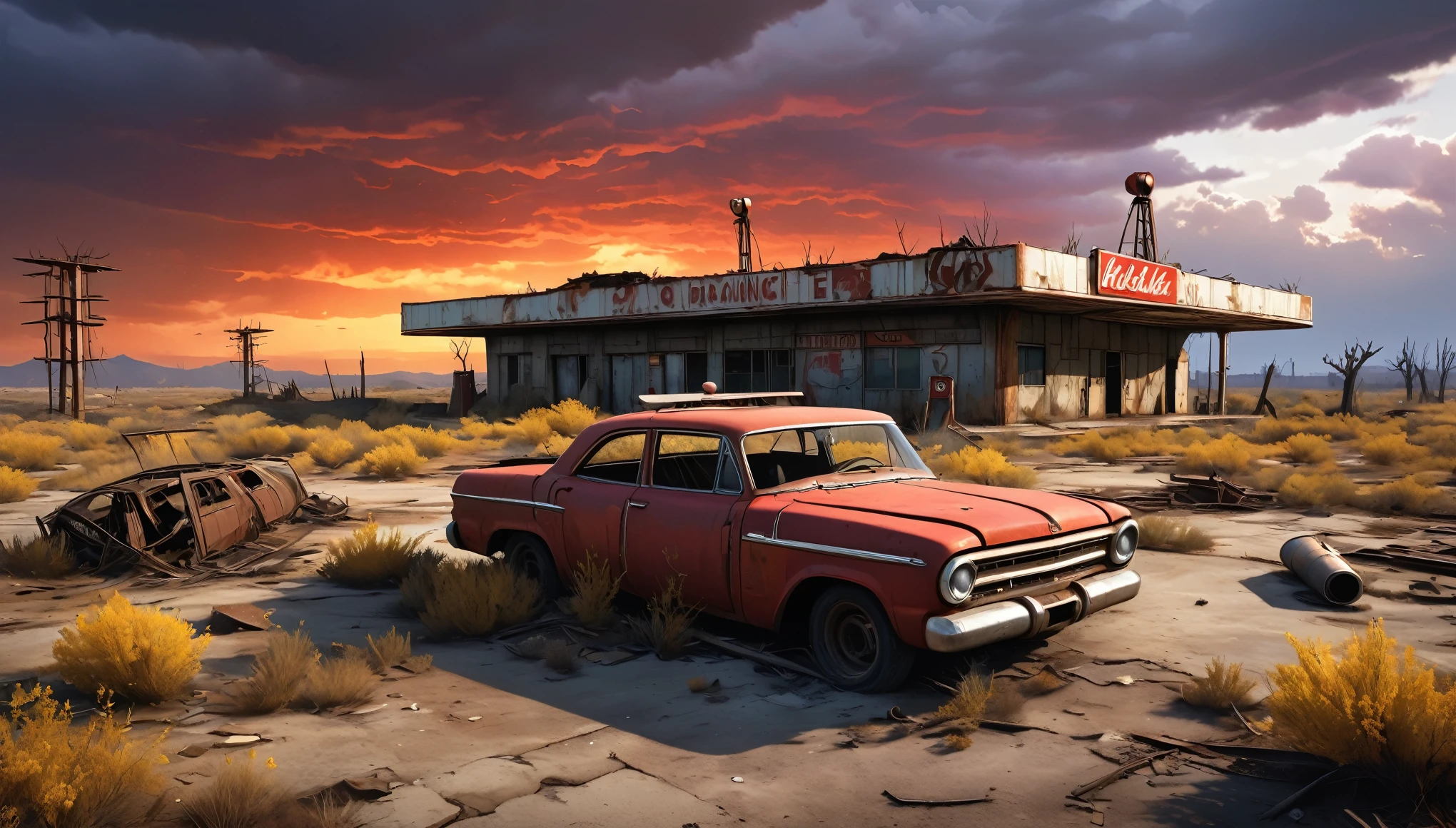 (a abandoned,post-apocalyptic,fallout 4:1.1) red rocket truck stop,barren wasteland,cracked concrete buildings,aged and weathered,overgrown with weeds and vines,dusty,dilapidated vehicles,dark and gloomy atmosphere,distant radioactive glow,desolate and haunting,isolated,ruins of civilization,decaying metal,scorch marks,barrels of radioactive waste,apocalyptic art style,ominous shadows,vivid colors of destruction,flickering neon lights,graffiti on the walls,red rocket sign,retro-futuristic,deserted gas station,loneliness and despair,foreboding sense of danger,fallout atmosphere,post-nuclear visual effects,ominous clouds and smoke,desolation and hopelessness,forgotten and abandoned,no signs of life,silence and emptiness,crumbling architecture,unpredictable and dangerous wasteland,ruined landscape,nature reclaiming the land,mutated creatures lurking,scavenging for supplies,potential for hidden treasures,contrast of beauty and destruction,survival against all odds,constant threat of radiation,alpha version of the wasteland,ruined cityscape in the distance,barren trees and dead vegetation,exploring the unknown,fight for survival in a harsh world,no escape from the wasteland's grip.