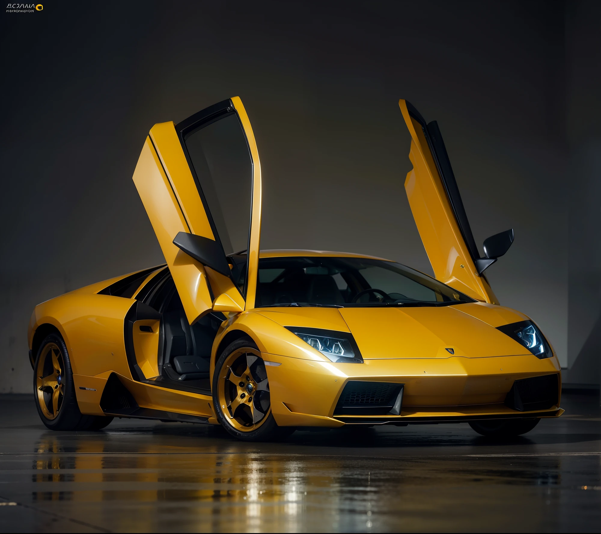 Lamborghini murcielago , color yellow, 32k, 600 dpi, Sony A7 IV, Studio lighting, Realistic Environmental Lighting, Immersive realism, Cinematic, Centered, Shallow depth of field, Dramatic Lighting, Beautiful, Ultra detailed, chromatic aberration, Screen space reflections, 1200pp